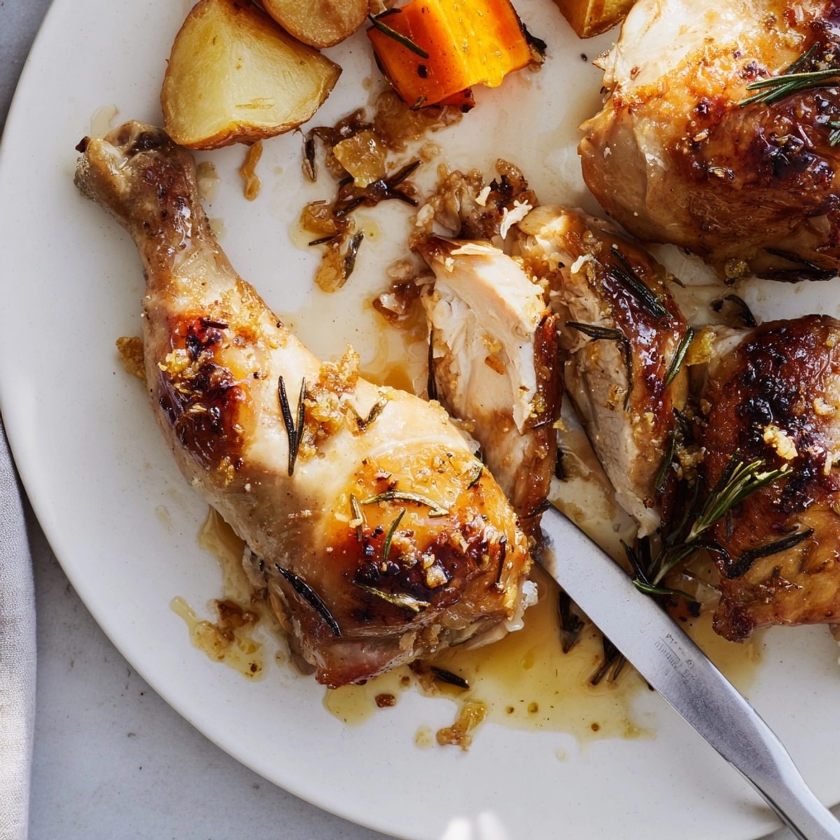 Close-up of juicy Lemon Herb Roasted Chicken with Garlic on a rustic cutting board.