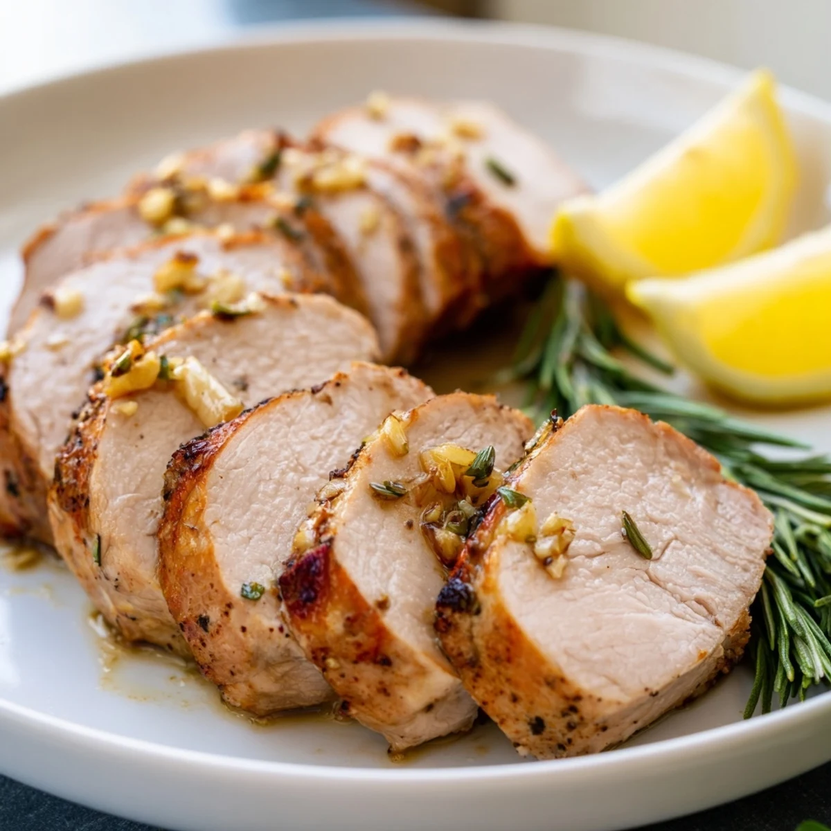 Juicy garlic and rosemary pork tenderloin served with lemon wedges and fresh herbs.  