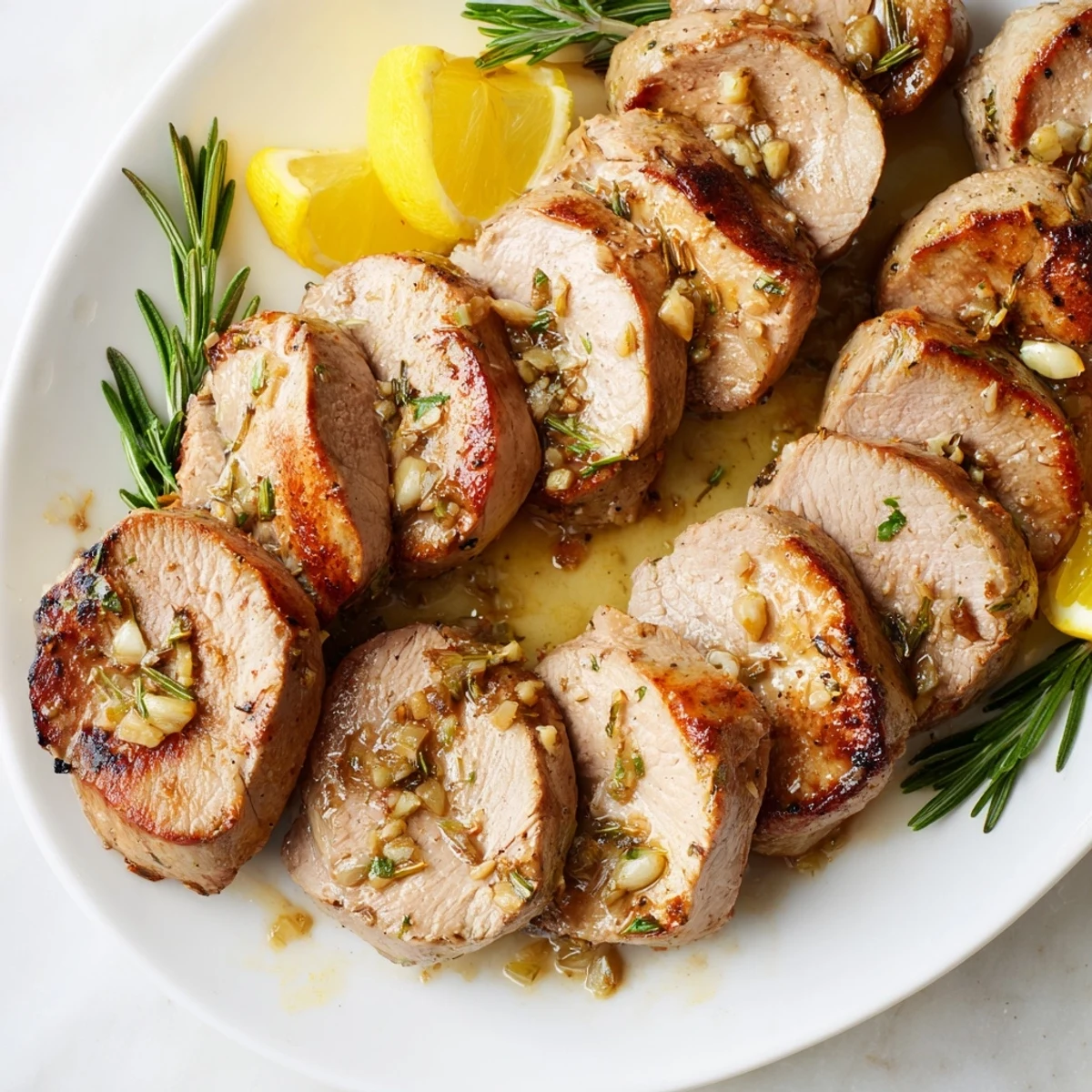 Sizzling pork tenderloin infused with garlic and rosemary, ideal for a cozy meal.