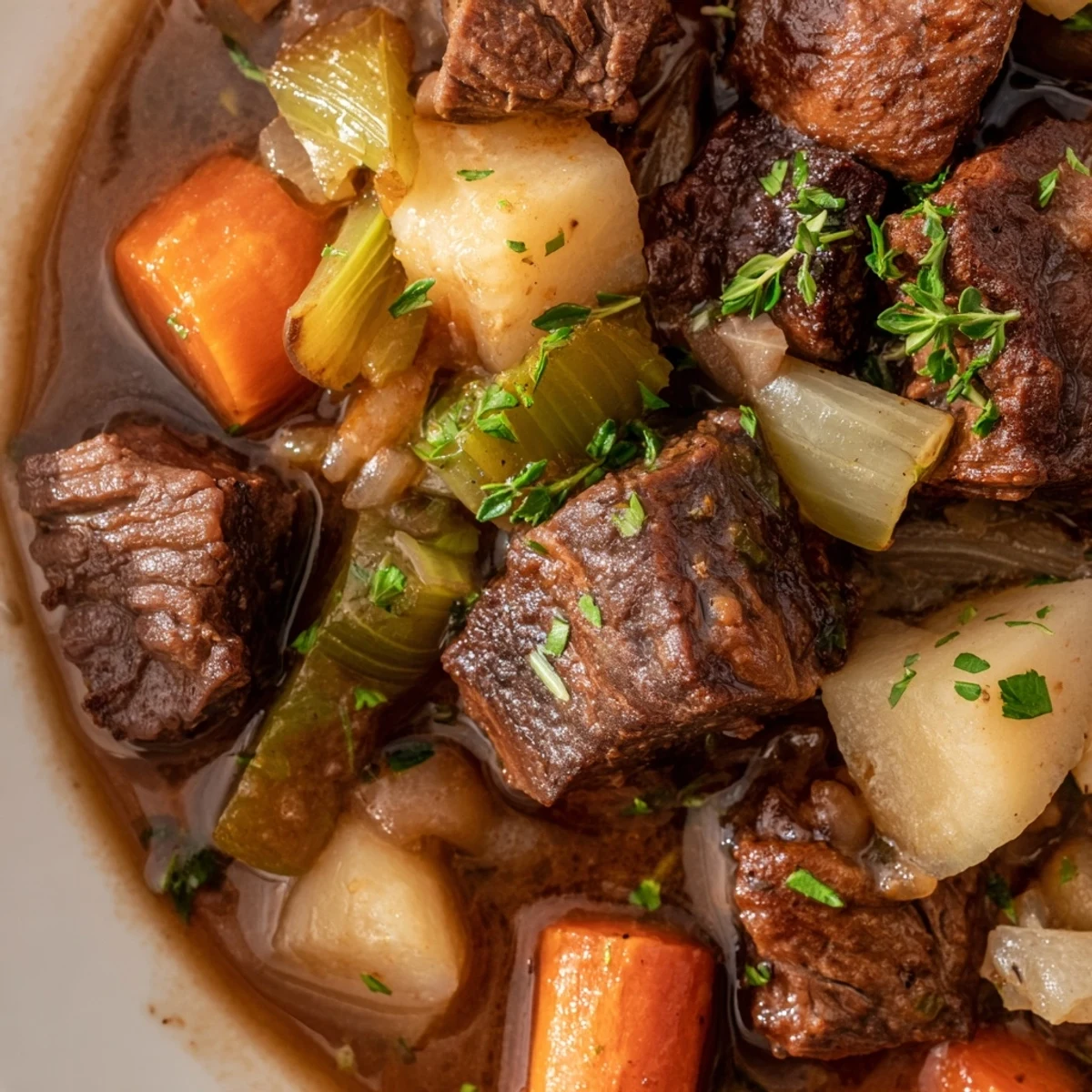 Hearty braised beef simmered with aromatic root vegetables and fresh herbs.