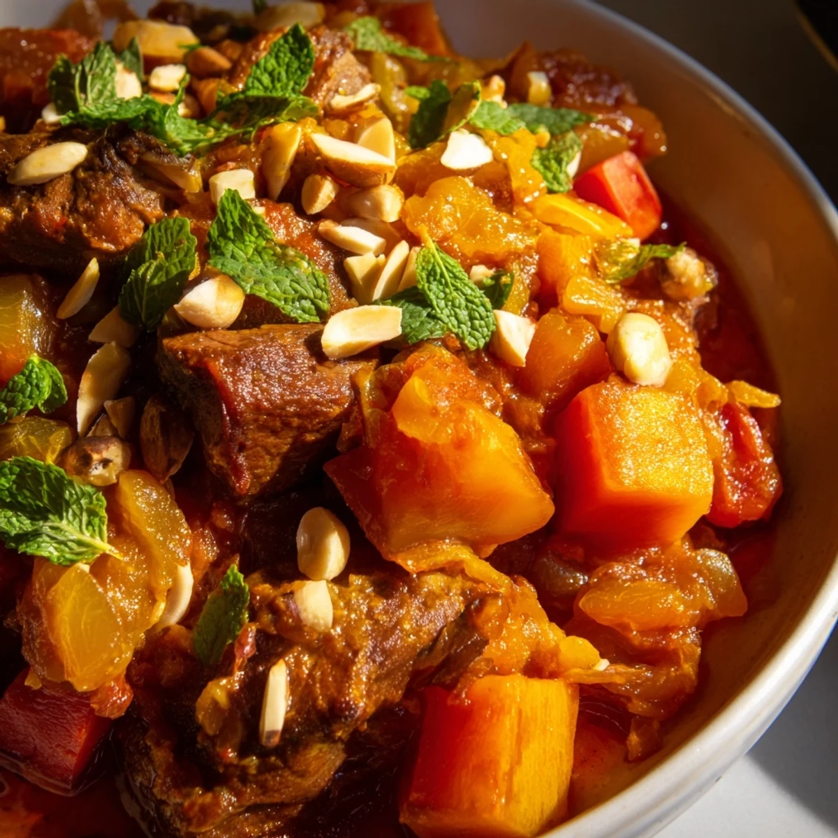 Tender Spiced Moroccan Lamb Tagine simmered with aromatic spices and dried apricots. 