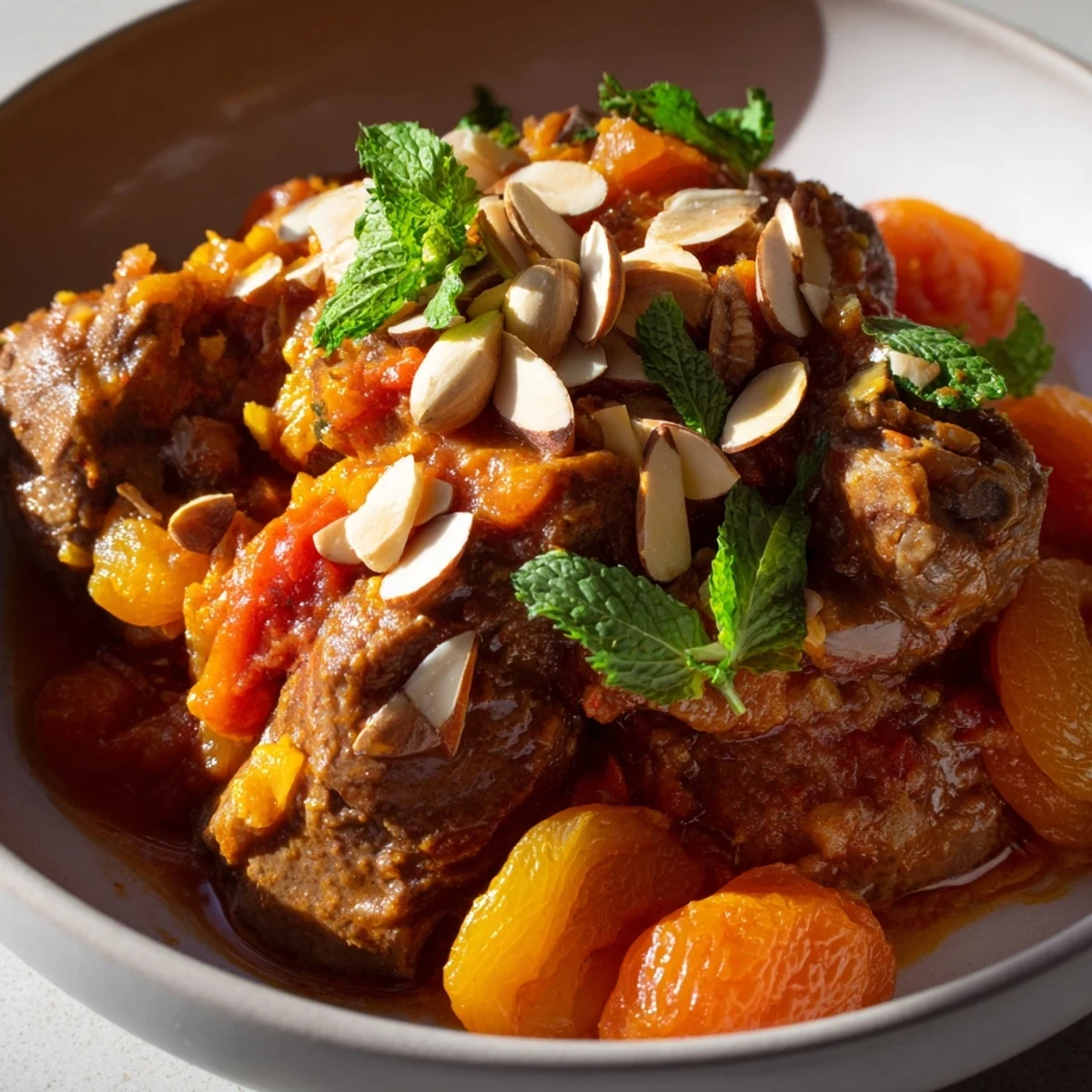 Colorful Moroccan Lamb Tagine served with fresh herbs and toasted almonds on top. 
