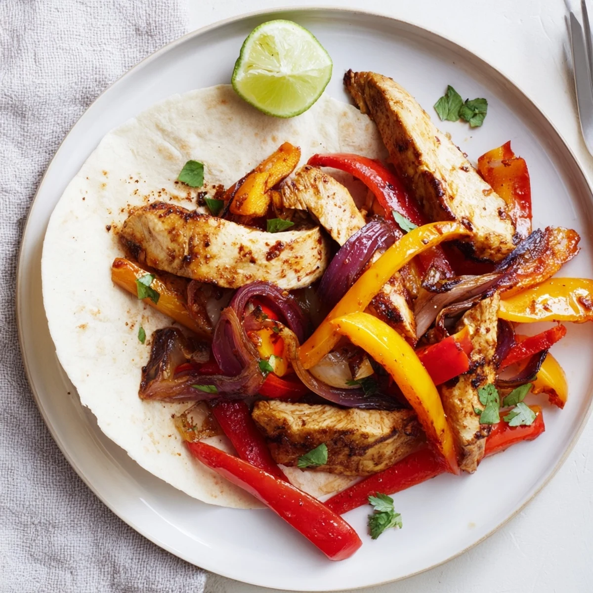 Colorful Sheet Pan Chicken Fajitas simmering in spices, ready to wrap in warm tortillas.  