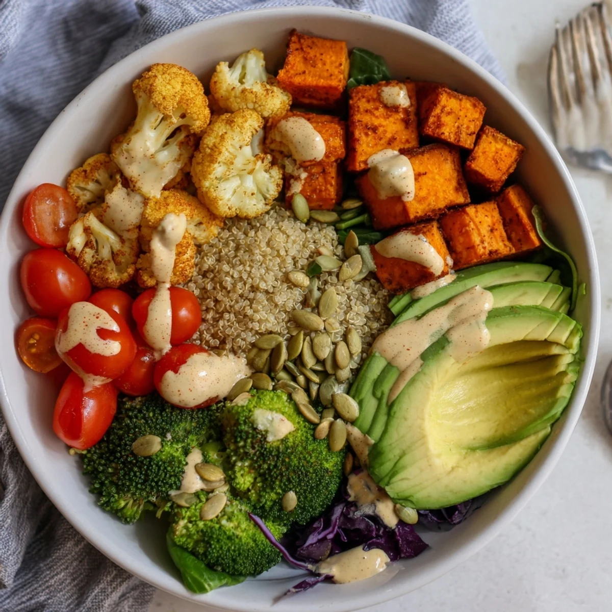 Vibrant Veggie-Packed Buddha Bowl topped with creamy tahini dressing and fresh greens.  