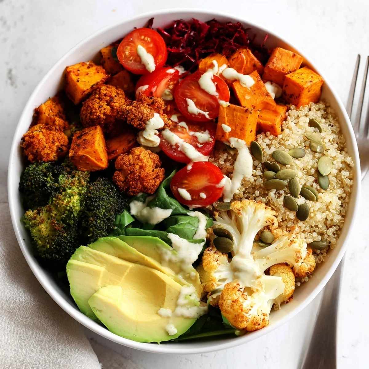 A delightful Veggie-Packed Buddha Bowl, showcasing seasonal veggies and zesty tahini drizzle.