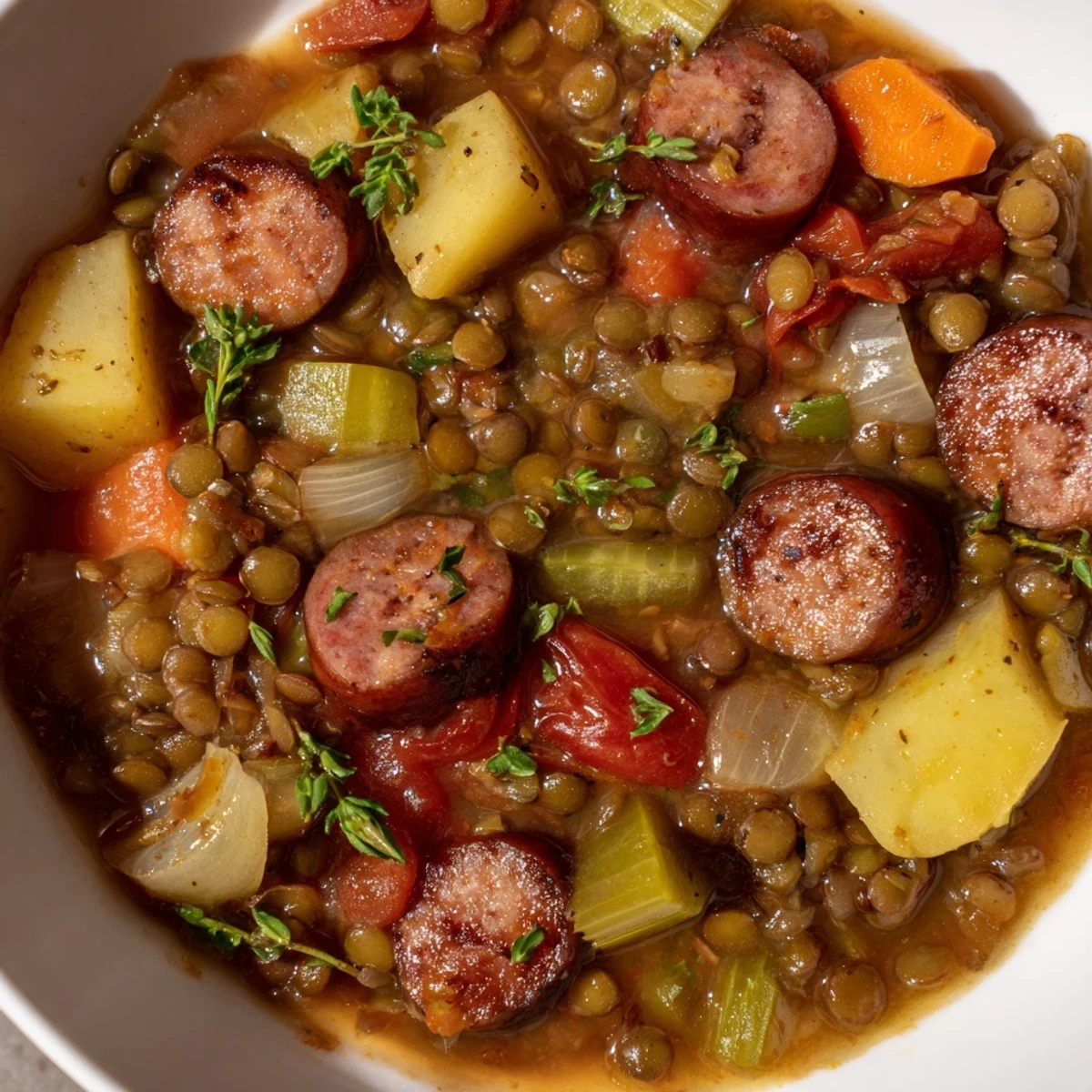 Comforting Hearty Lentil and Sausage Stew served in a bowl, garnished with parsley.