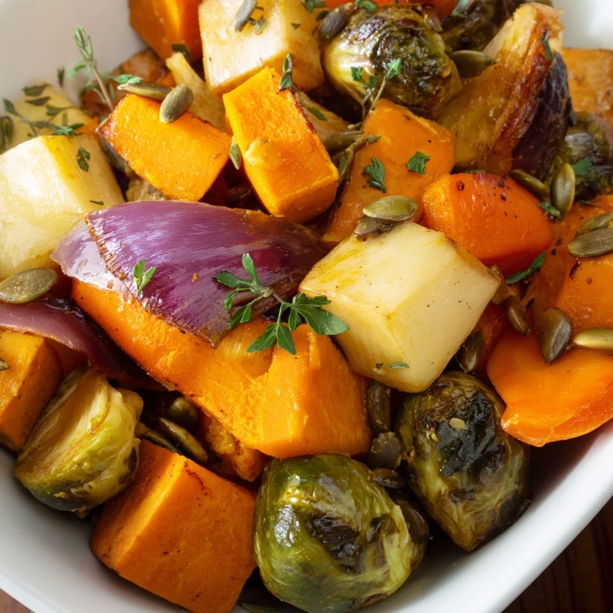 Roasted Autumn Vegetable Medley featuring vibrant veggies, golden edges, and aromatic herbs.
