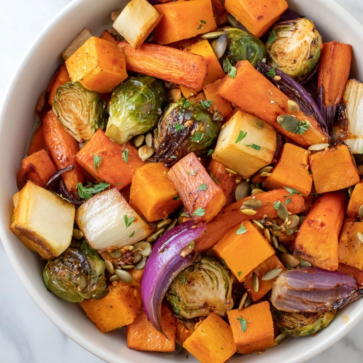 Colorful roasted autumn vegetable medley served warm, drizzled with olive oil and garlic.