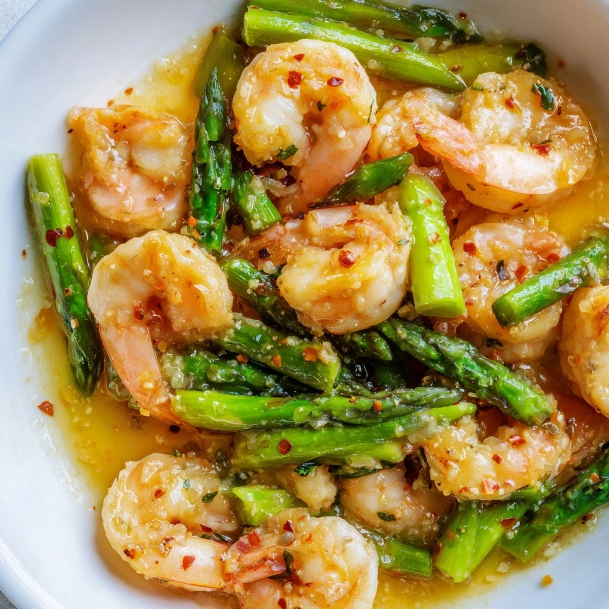 Succulent One-Pan Garlic Butter Shrimp and Asparagus served with lemon wedges and fresh parsley.  