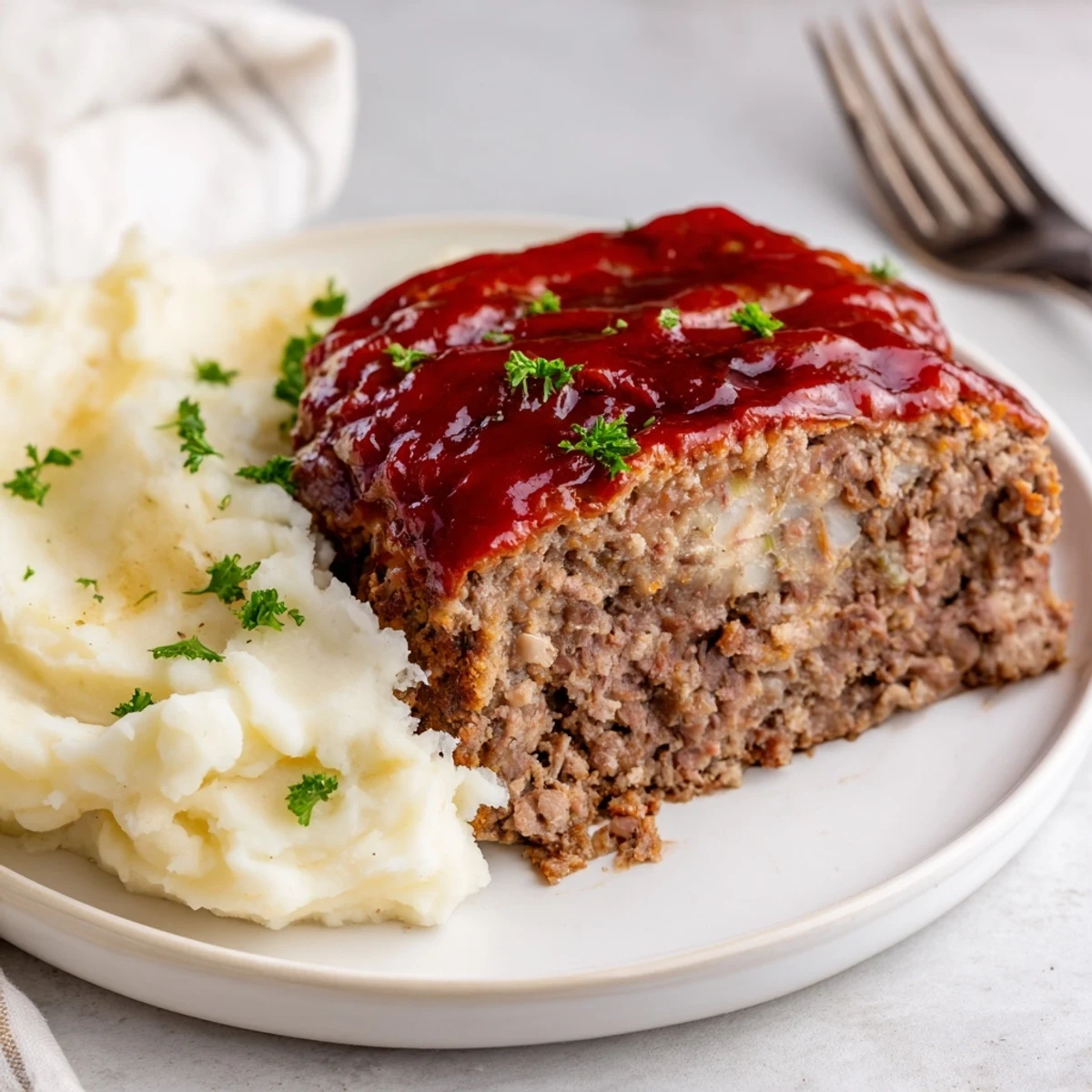 Hearty classic meatloaf served with creamy mashed potatoes, a comforting family dinner.  