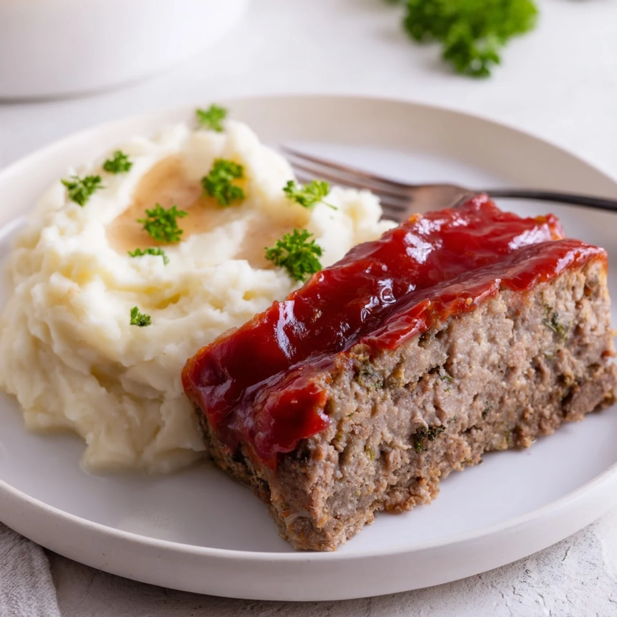 Sliced classic meatloaf alongside buttery mashed potatoes, perfect for cold evenings.