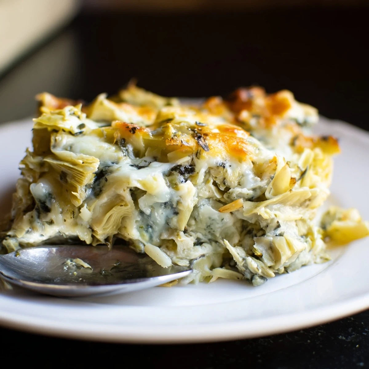Creamy Cheesy Spinach and Artichoke Bake served with crusty bread slices.  