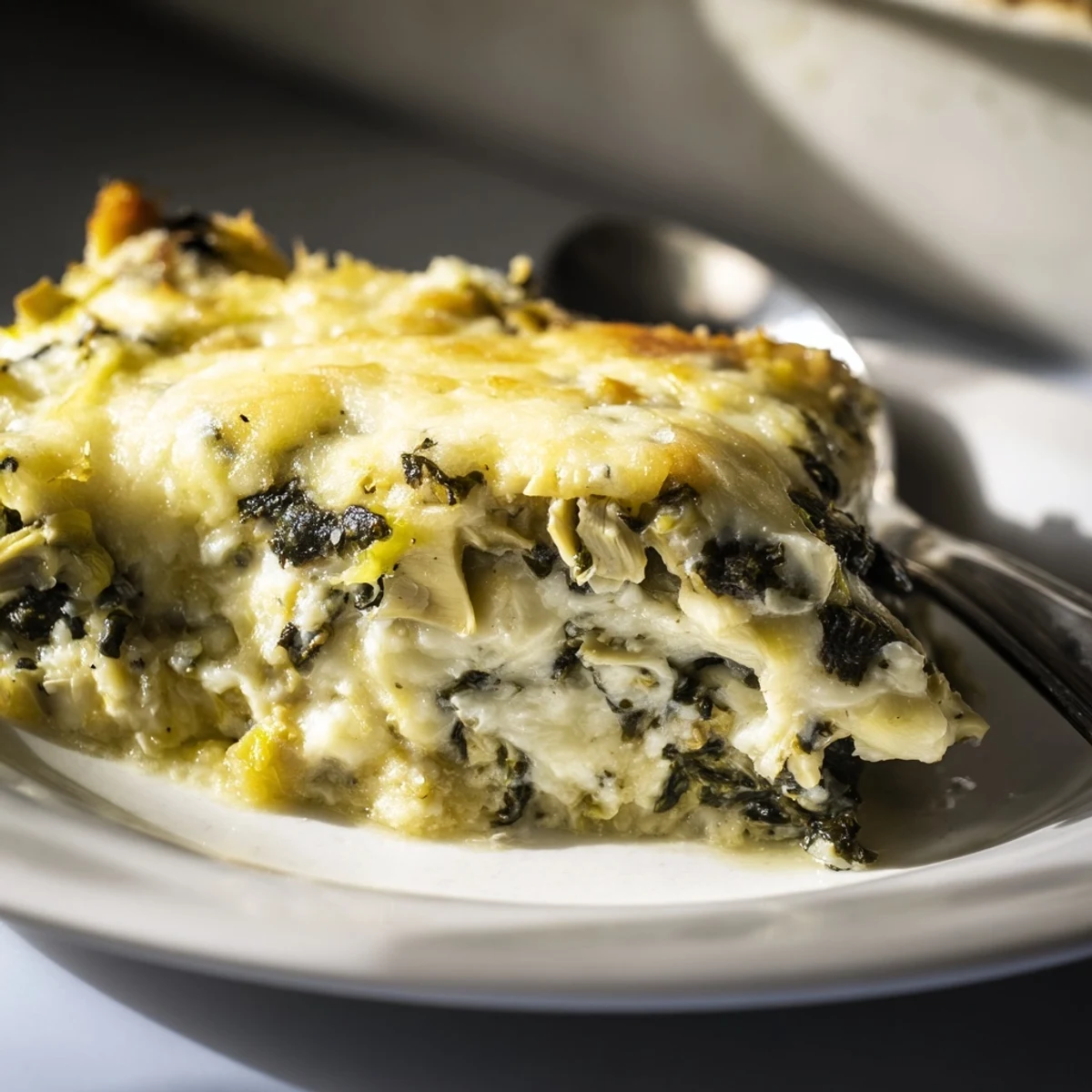 Golden Cheesy Spinach and Artichoke Bake bubbling with melted cheese goodness.  