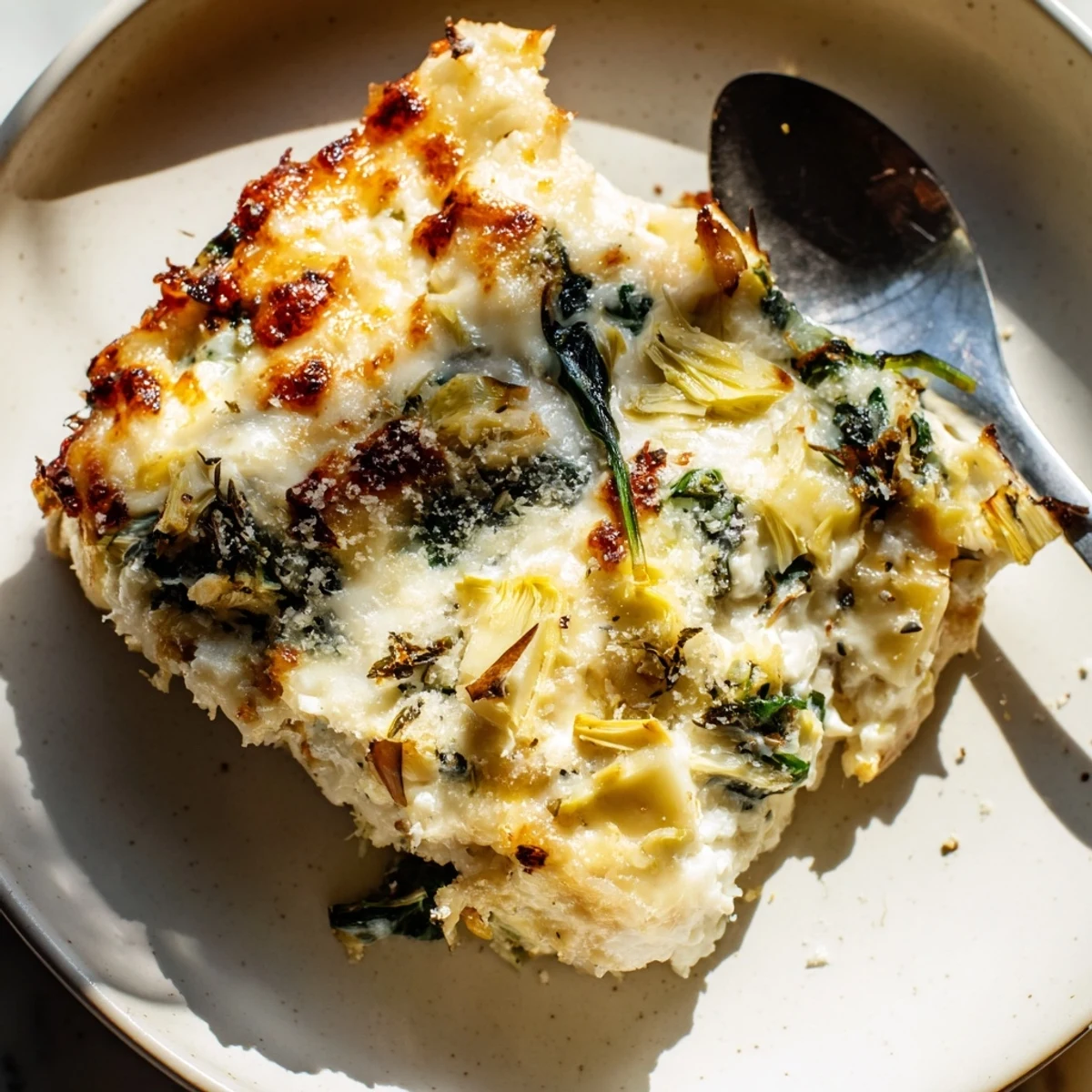 Savory Cheesy Spinach and Artichoke Bake, perfect for a cozy dinner party.