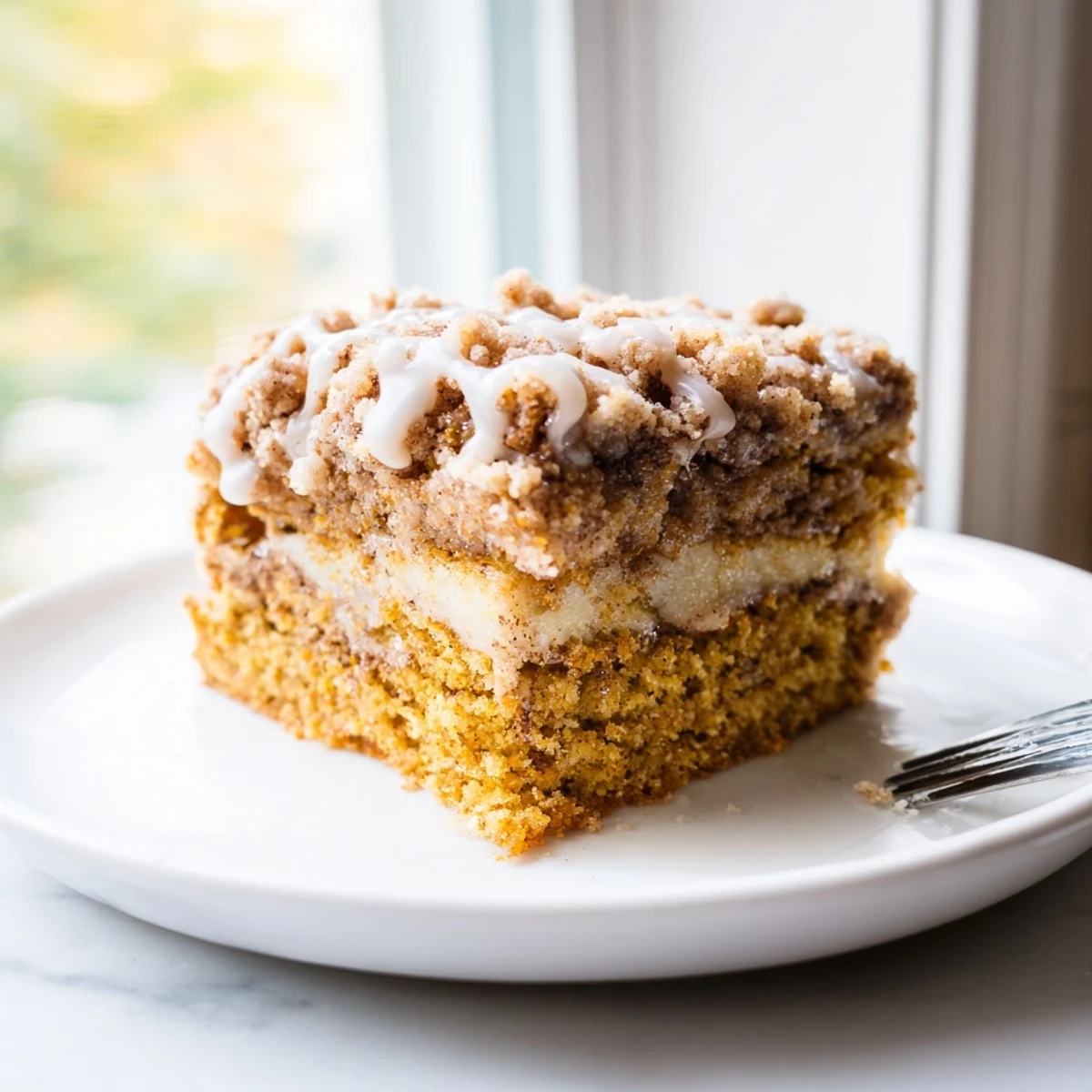 Golden-brown pumpkin spice coffee cake with a crunchy streusel topping, irresistible treat.  