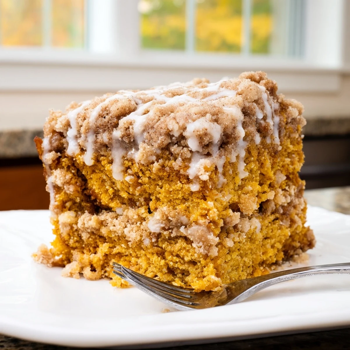 Warm pumpkin spice coffee cake drizzled with glaze, ideal for cozy autumn mornings.
