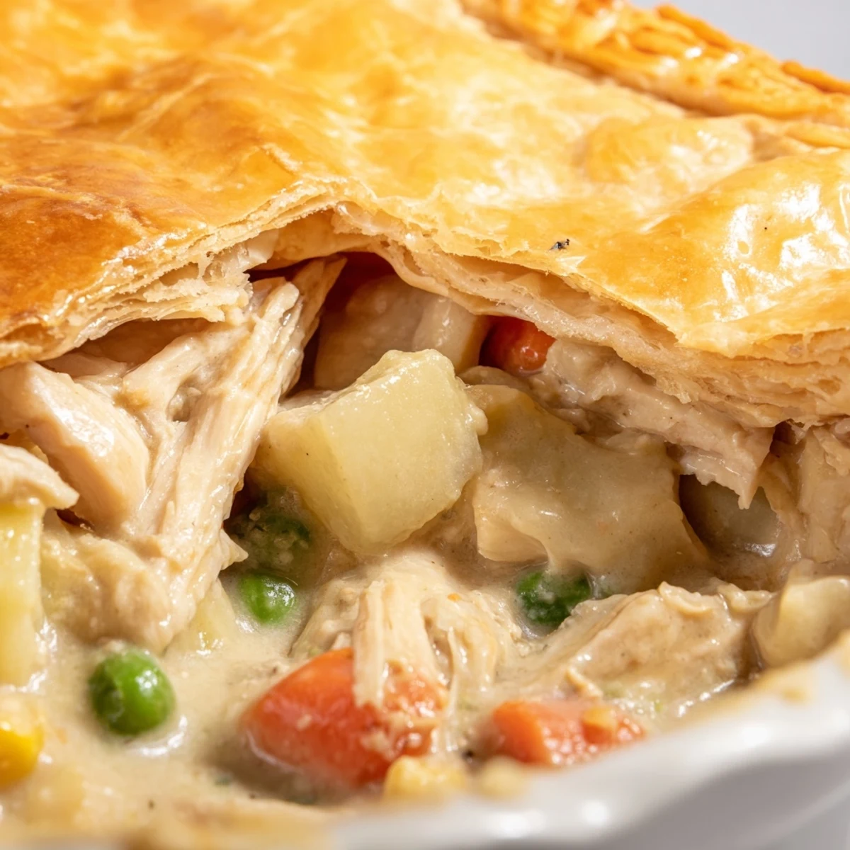 A hearty serving of classic chicken pot pie filled with tender veggies and chicken.  