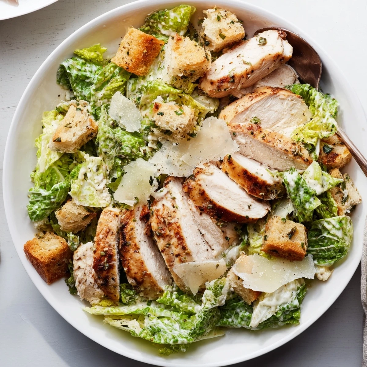 Juicy grilled Chicken Caesar salad topped with croutons and creamy dressing on a plate.  
