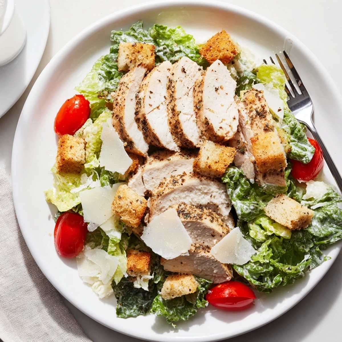 Freshly sliced grilled chicken on a Caesar salad garnished with crunchy croutons and cheese.