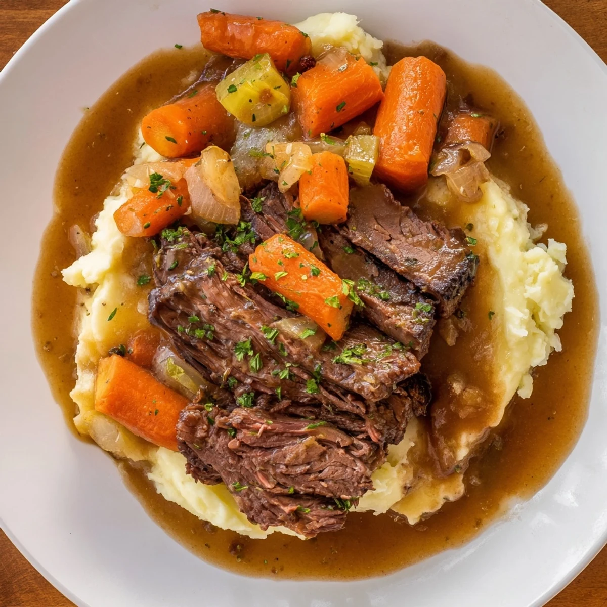 Tender, fall-apart Slow Cooker Pot Roast with vibrant vegetables and creamy mashed potatoes.