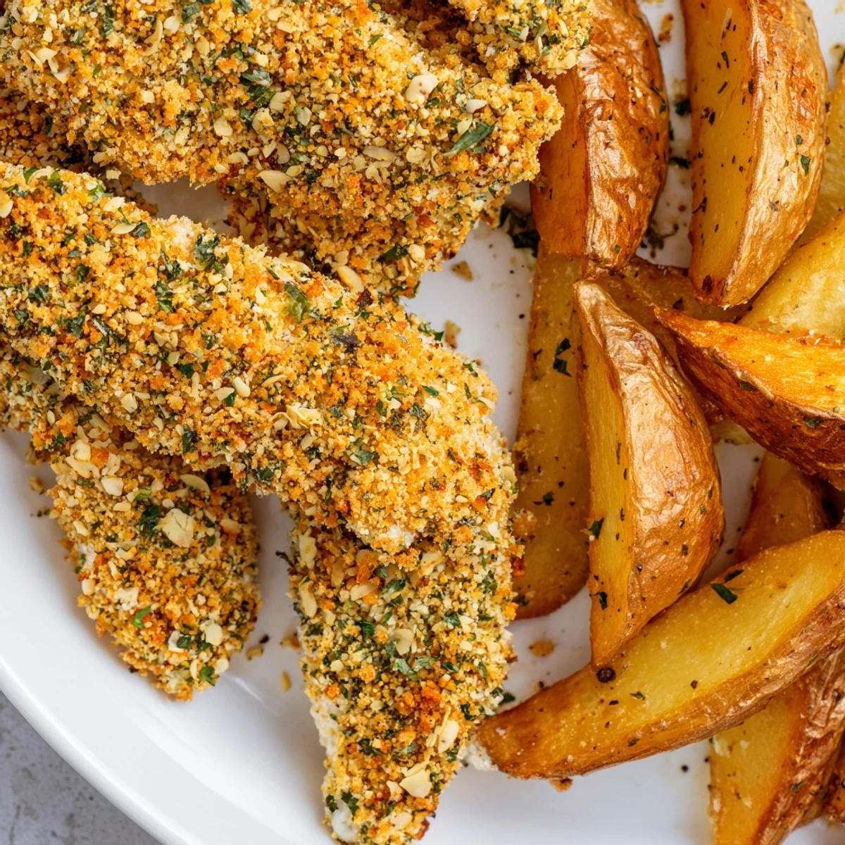 Close-up photo of herbed chicken tenders and potato wedges; imagine herbs' aroma.