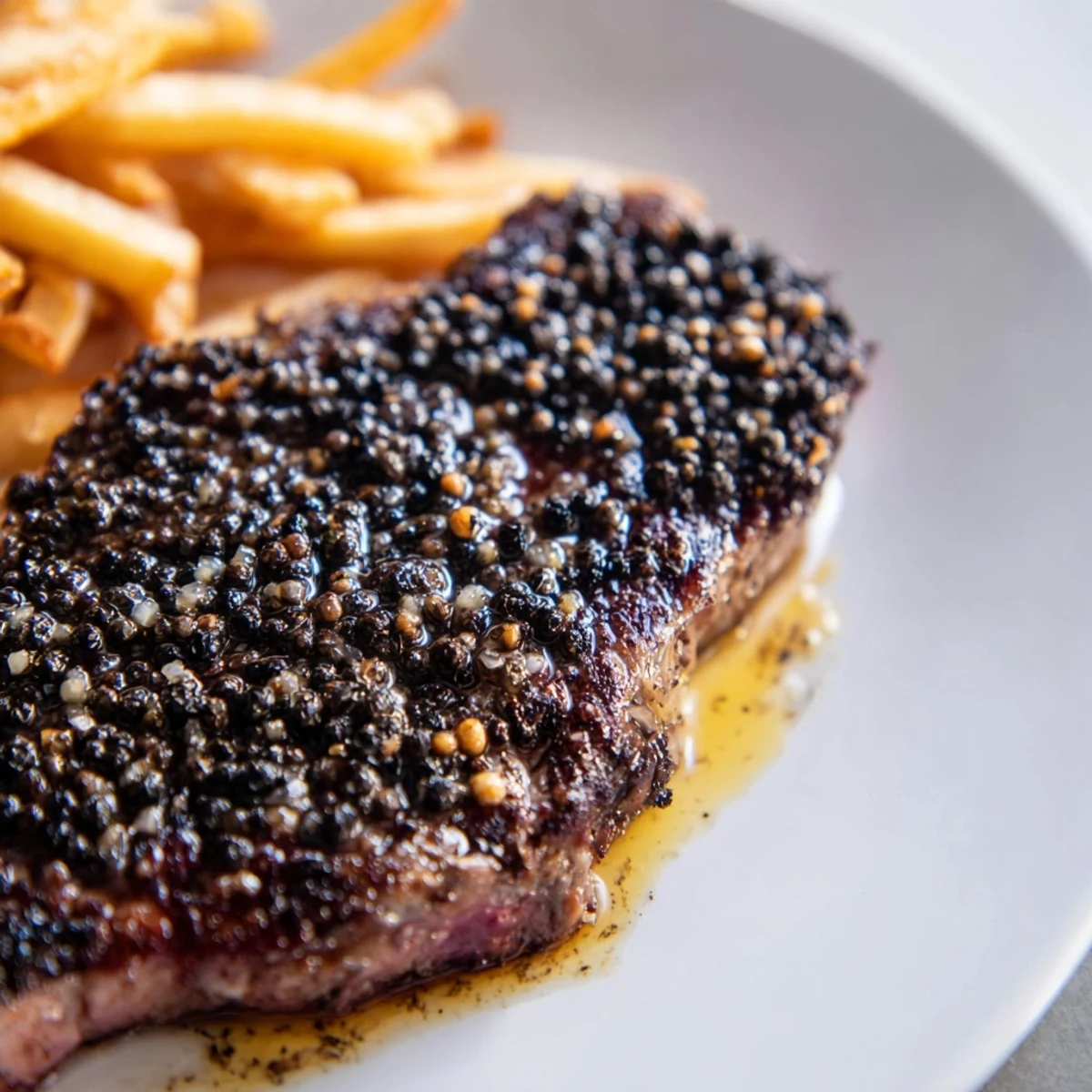 Imagine the aroma: beautifully seared Classic Peppercorn Ribeye with a side of crispy, golden fries.