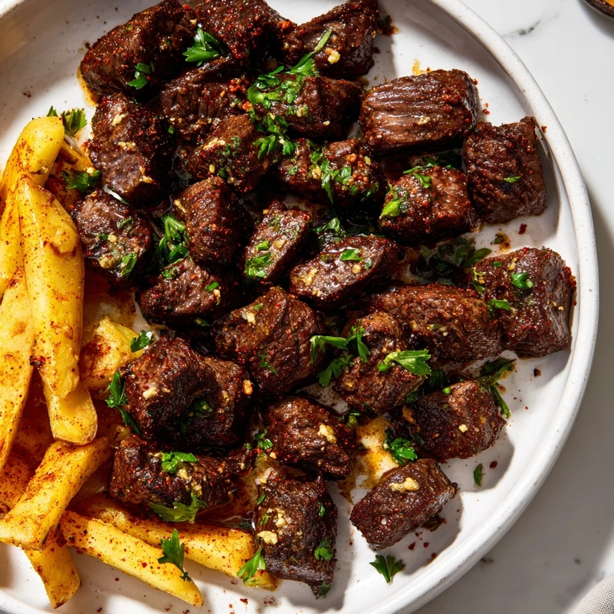 Blackened Cajun steak bites, perfectly seared and sizzling, served alongside a pile of golden fries.