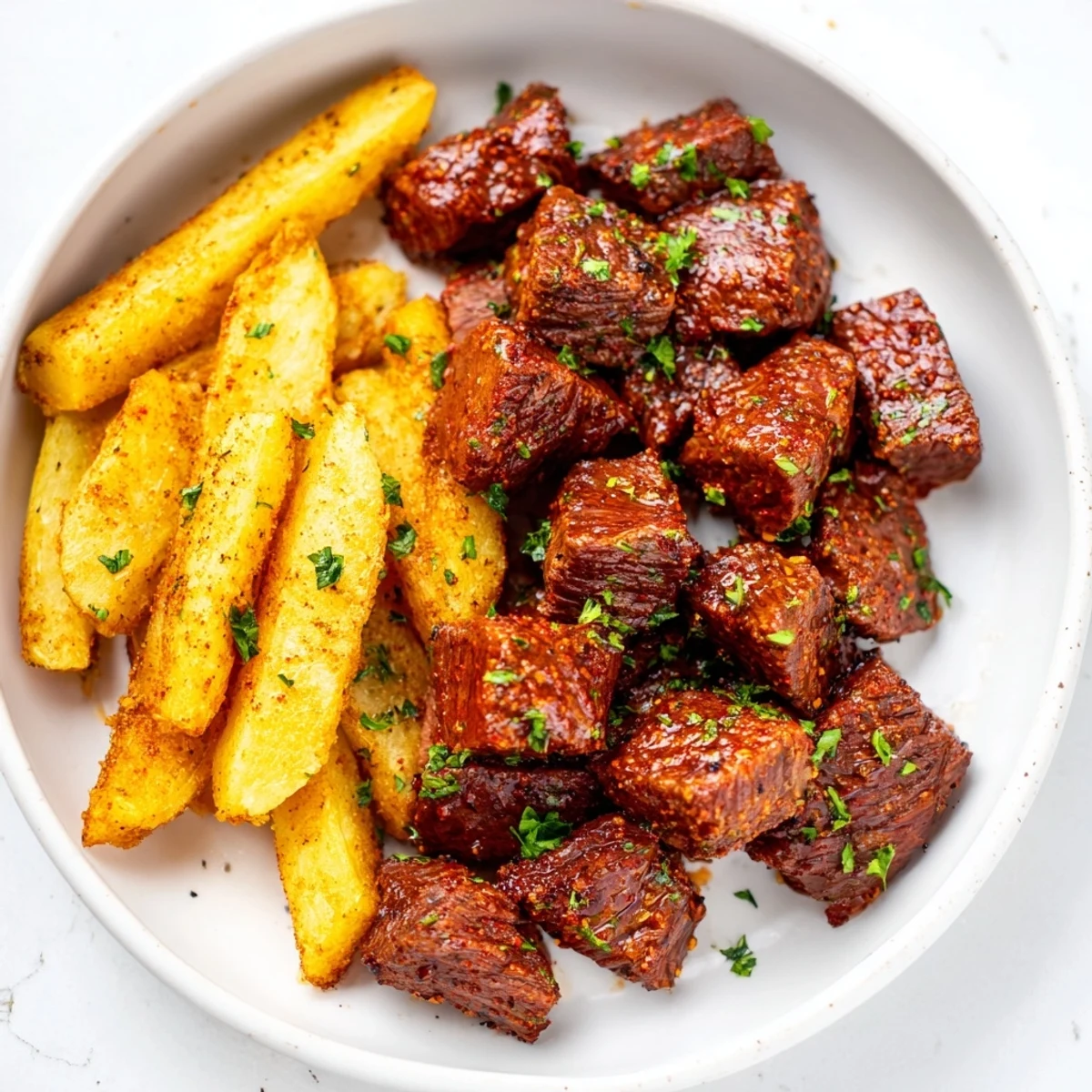 A close-up of tender Blackened Cajun steak bites showcasing spice, with fries piled on a plate.