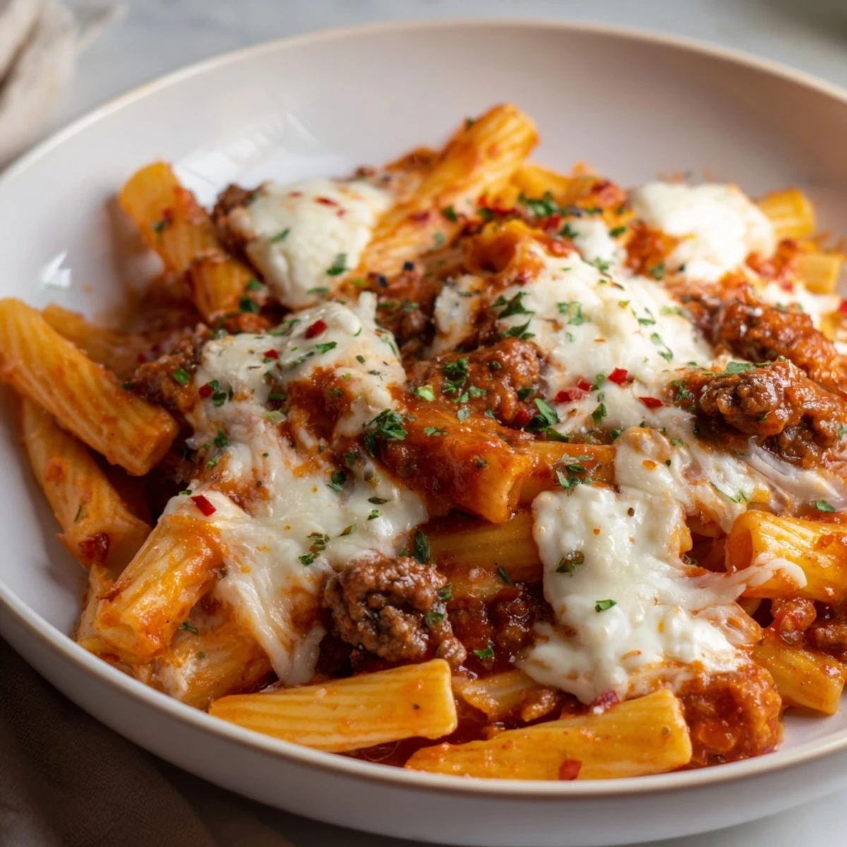 A close-up of a steaming hot Cheesy Beef & Penne Bake, showing the tender pasta and browned cheese.