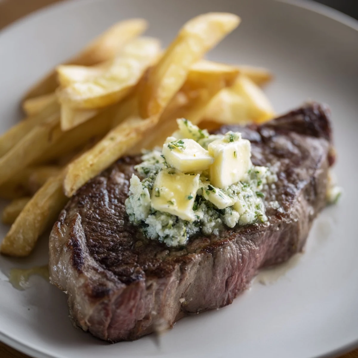 A close-up shot of juicy Steakhouse Garlic Butter Steak & Fries, with rich garlic butter melting over a tender steak.