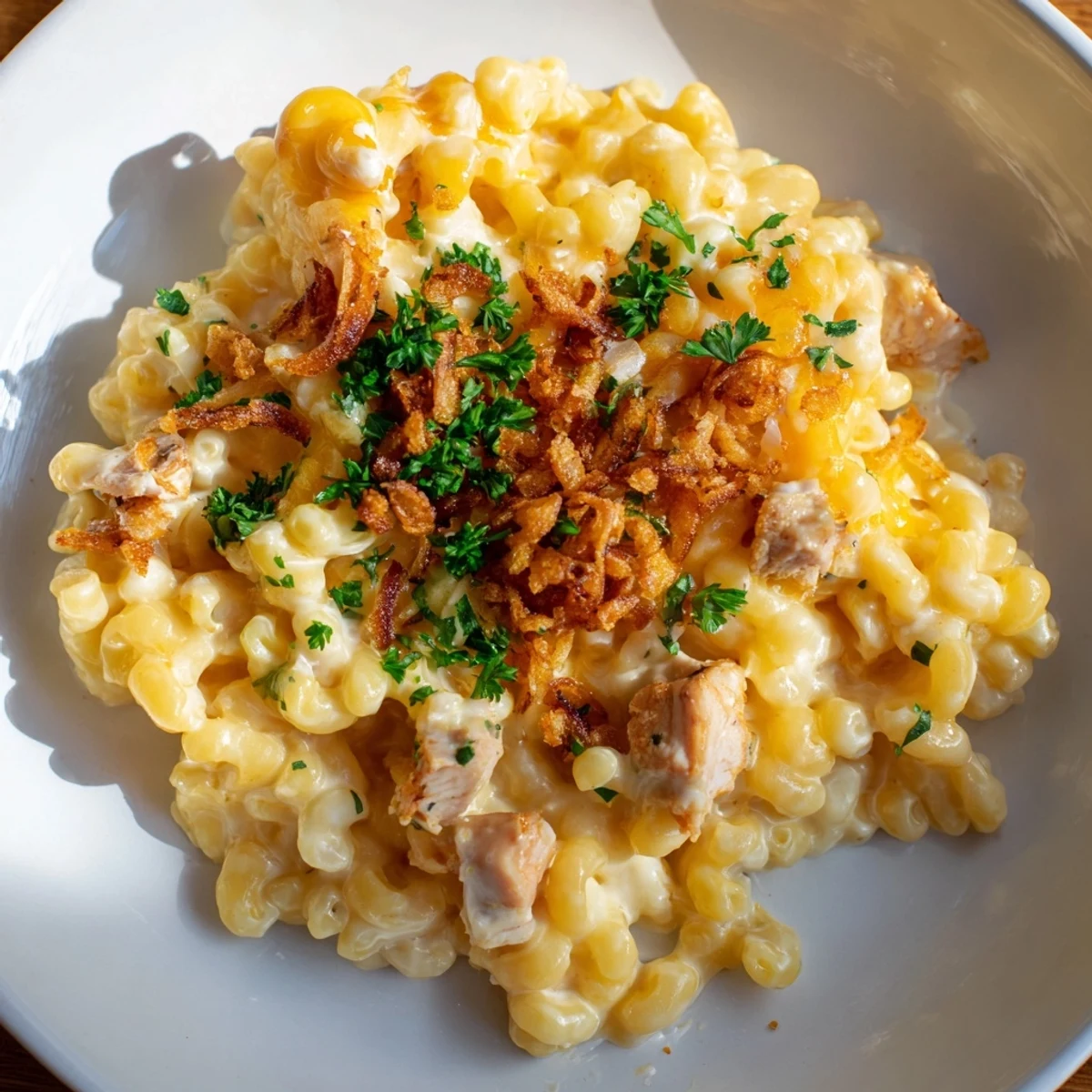One-Pot Honey BBQ Chicken Mac and Cheese, bubbling and cheesy with crispy onion topping, is ready to serve.