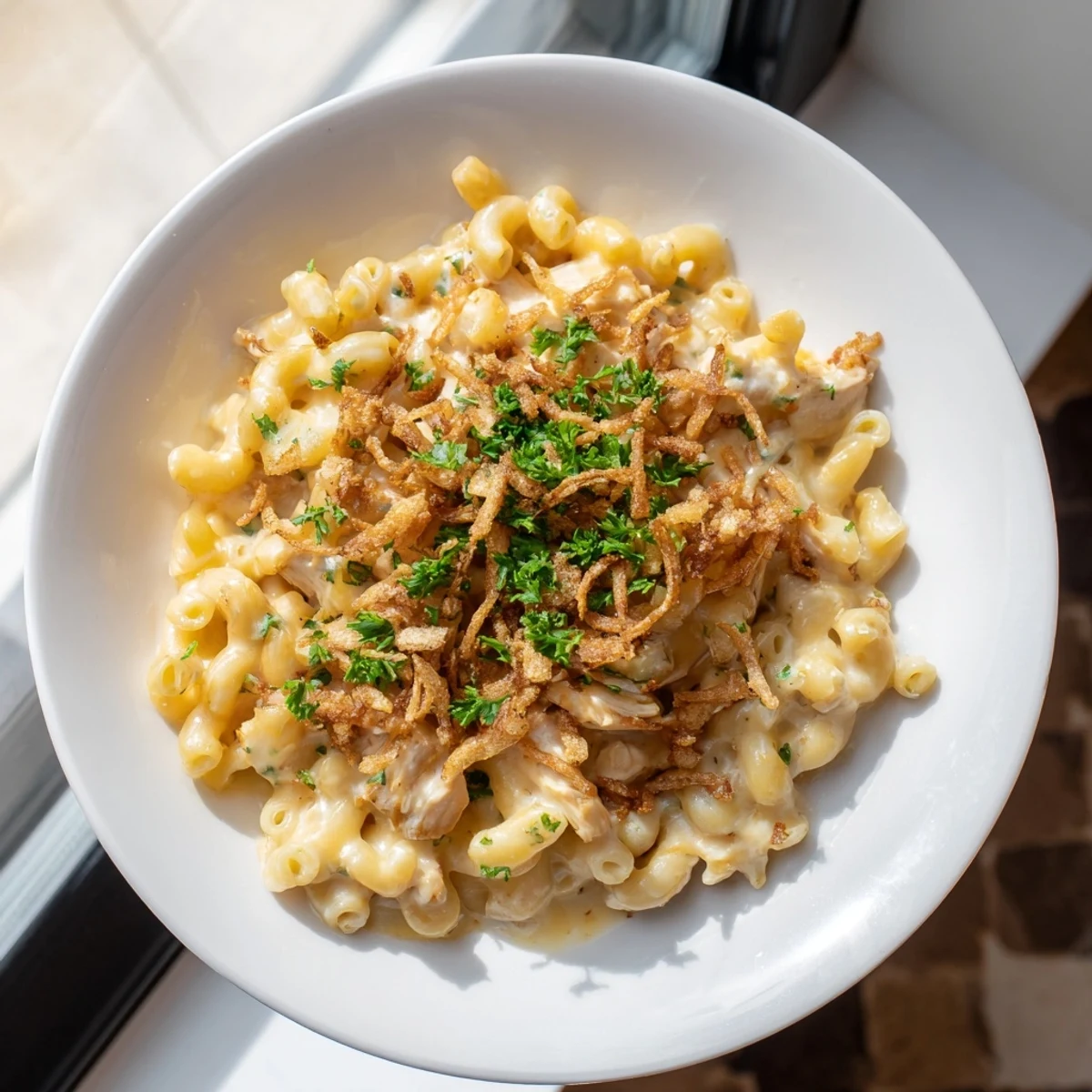 A hearty bowl of One-Pot Honey BBQ Chicken Mac and Cheese, showcasing the creamy sauce and tender chicken.