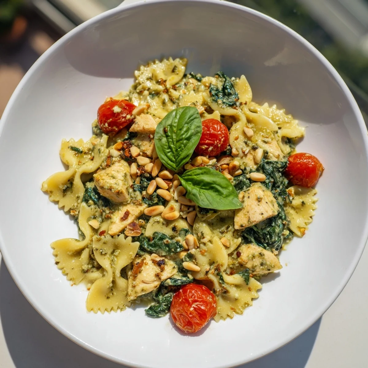 This enticing bowl of pesto chicken bowtie pasta features colorful tomatoes, spinach, and fresh basil garnish.