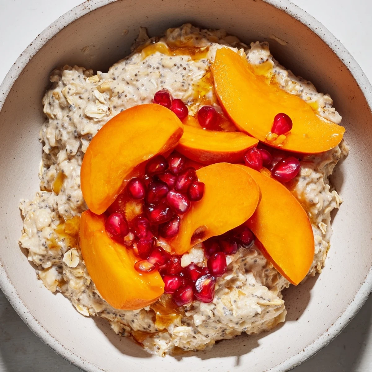 A close-up of creamy Overnight Oats with Persimmon, pomegranate, and chia seeds for a delicious breakfast.
