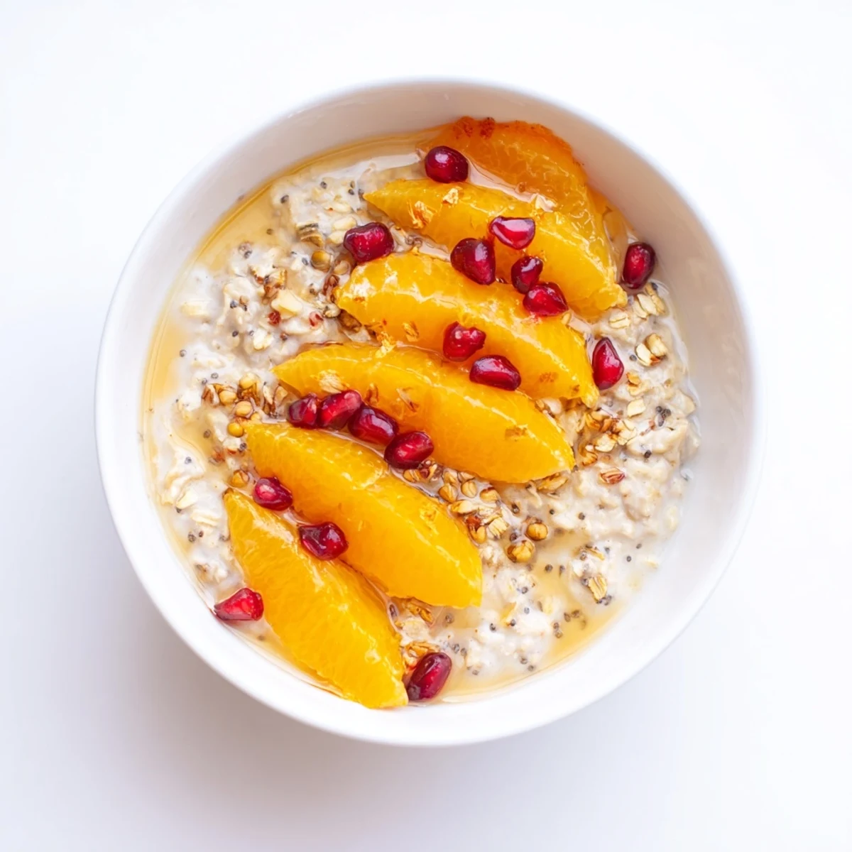 Vibrant Overnight Oats with Persimmon, adorned with ruby pomegranate seeds, ready for a healthy and tasty meal.