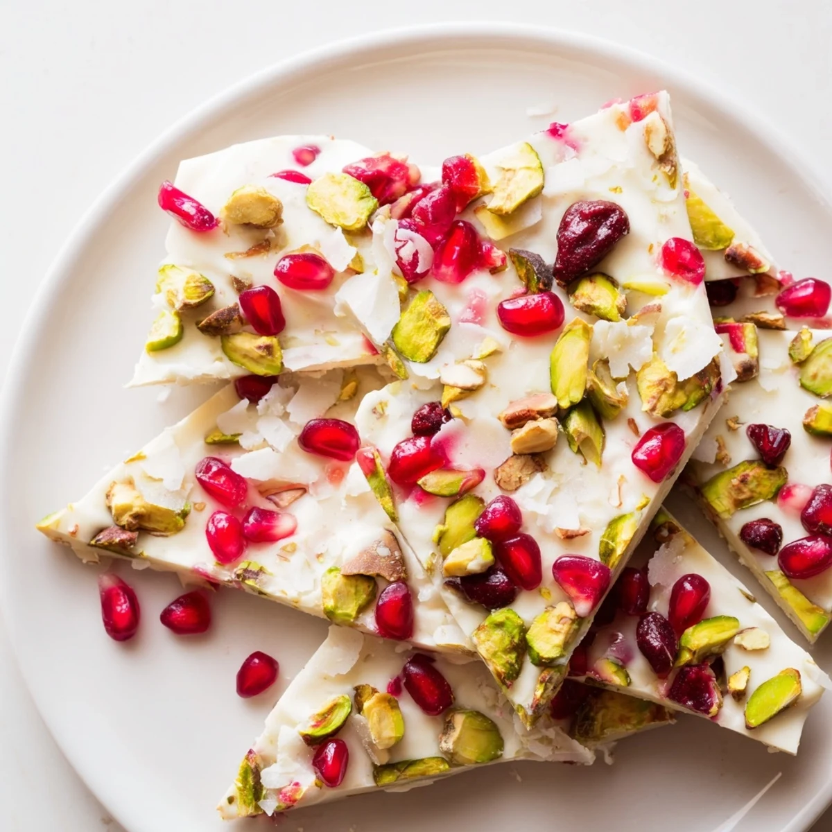 Vibrant Frozen Yogurt Bark with pomegranate seeds and pistachios, a cool and creamy dessert.