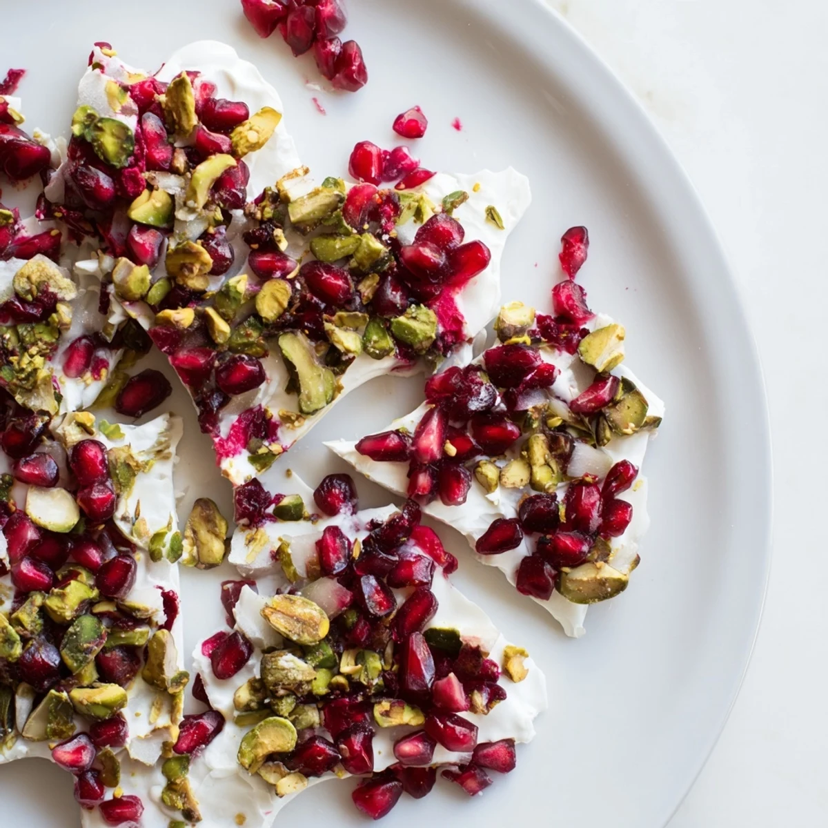 Sweet and crunchy Frozen Yogurt Bark, showcasing bright red pomegranate and green pistachios in a freezer.