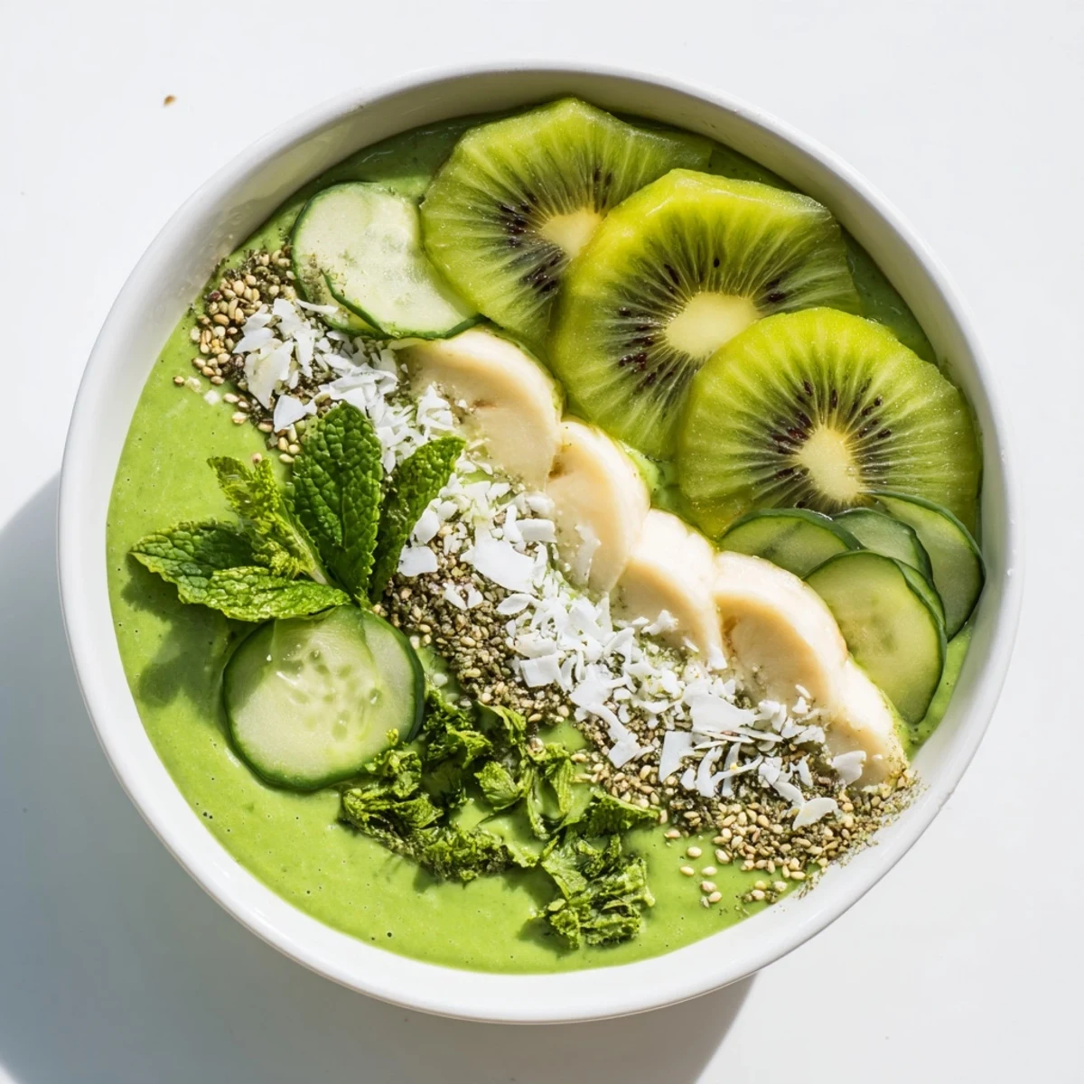 Green Smoothie Bowl filled with bright green kale, kiwi, avocado, ready to eat.