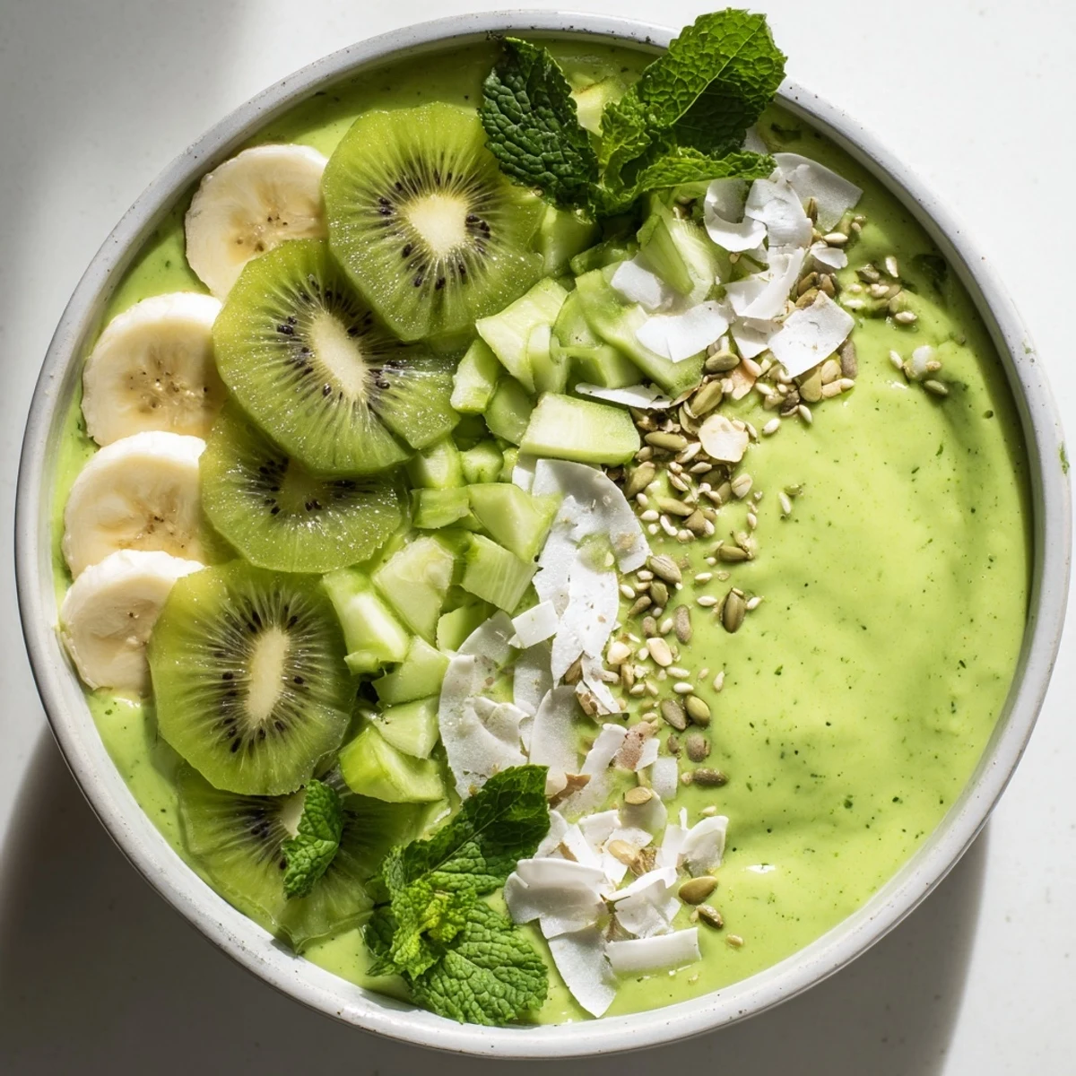 This healthy Green Smoothie Bowl features vibrant toppings, perfect for a refreshing vegan snack.