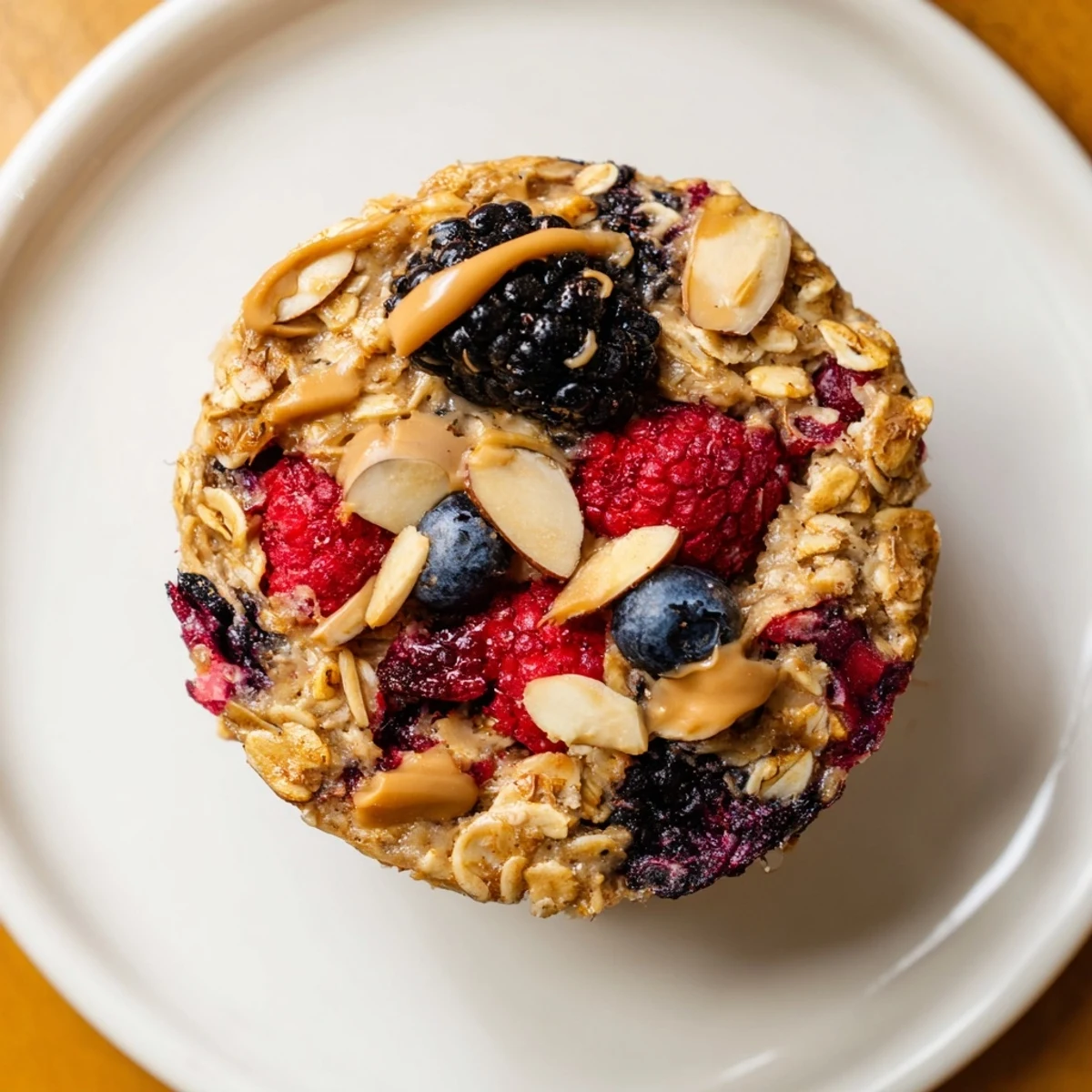 Golden brown baked oatmeal cups studded with winter berries and a swirl of almond butter.