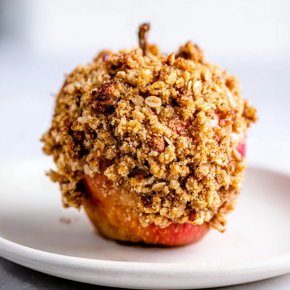 Warm, golden brown baked apples with oat-nut crumble, a comforting fall dessert.