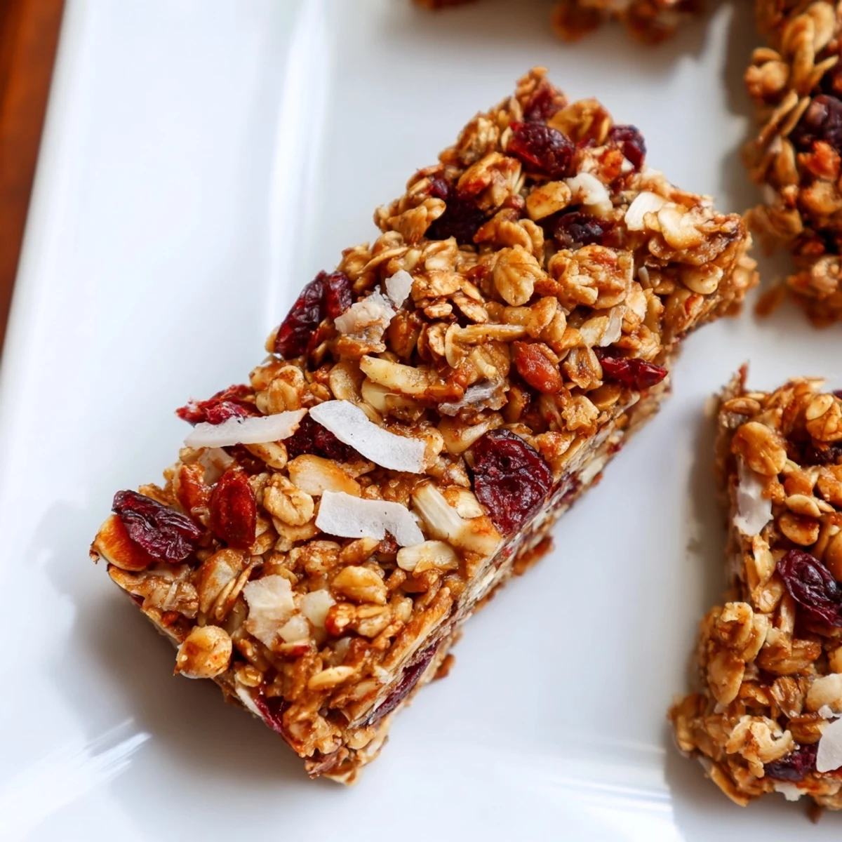 A close-up of delicious, chewy Roasted Pumpkin Seed & Cranberry Granola Bars, bursting with flavor.