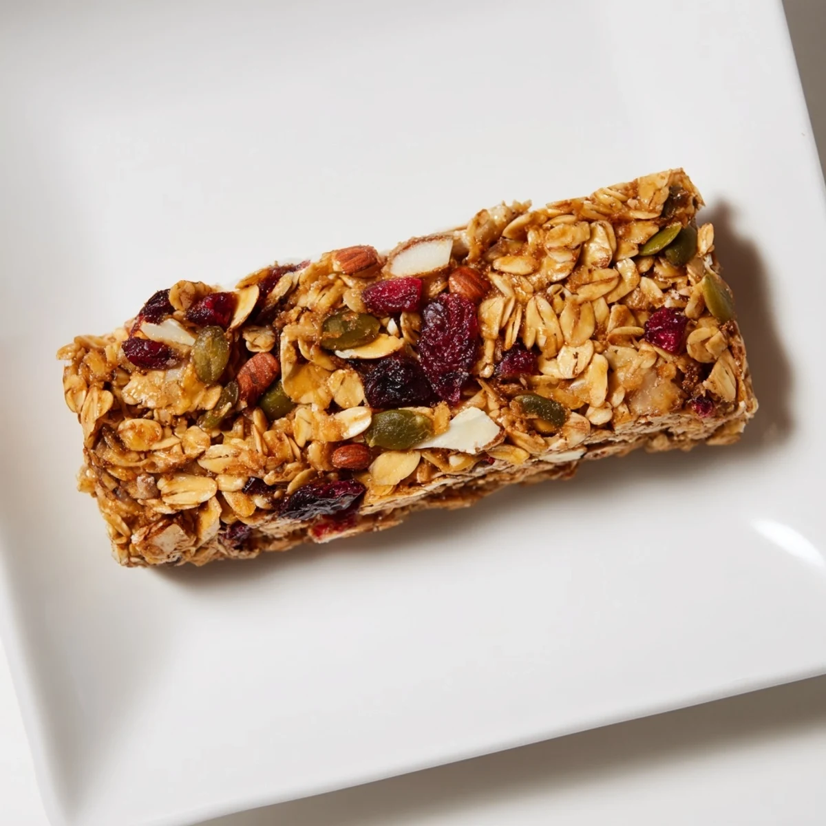 Enjoy homemade breakfast snack: crispy edges highlighting these beautiful Roasted Pumpkin Seed & Cranberry Granola Bars.