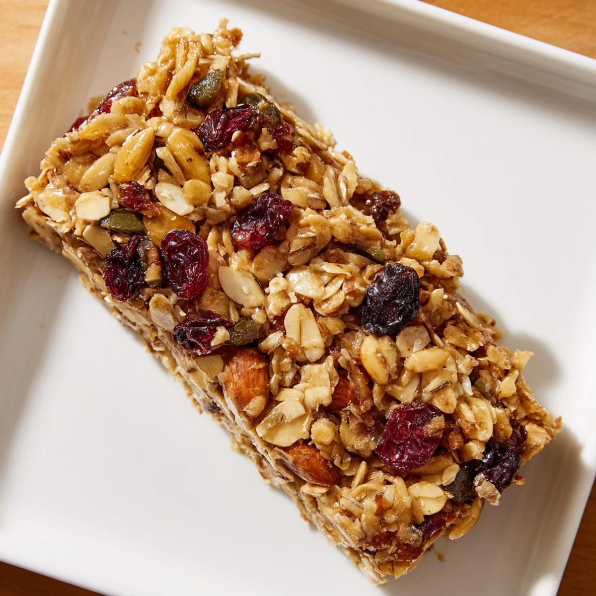 Golden-brown Roasted Pumpkin Seed & Cranberry Granola Bars, ready to eat, are perfect for breakfast.