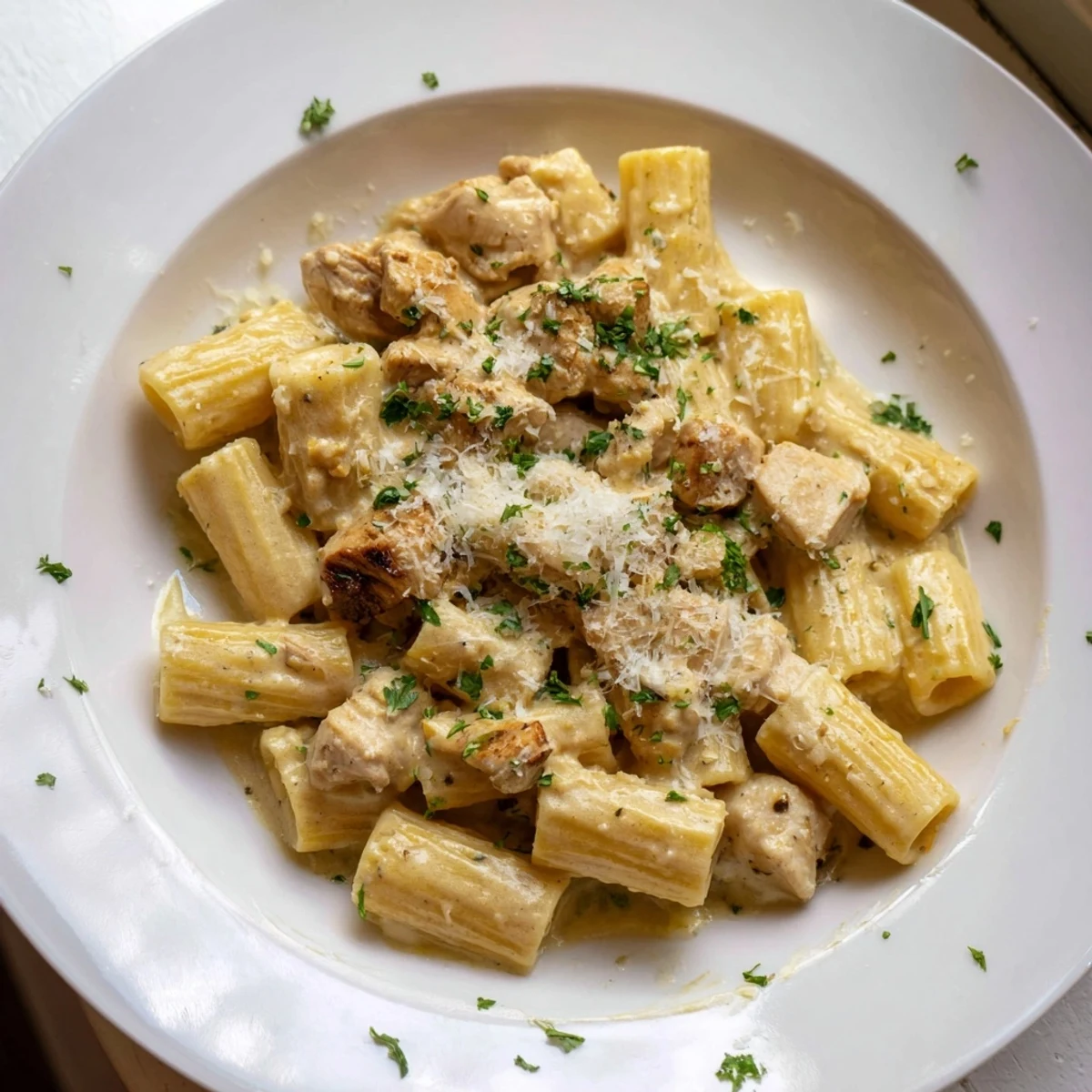 Picture a satisfying bowl of Creamy Garlic Parmesan Chicken Rigatoni, ready to enjoy with fresh parsley.