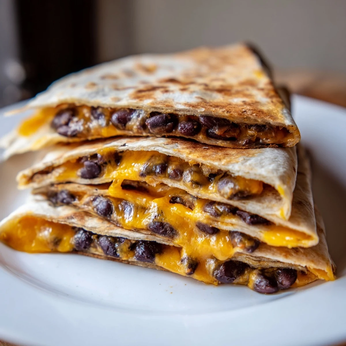 Golden, crispy Bean & Cheese Quesadillas, warm cheese oozing from folded flour tortillas, ready to eat.