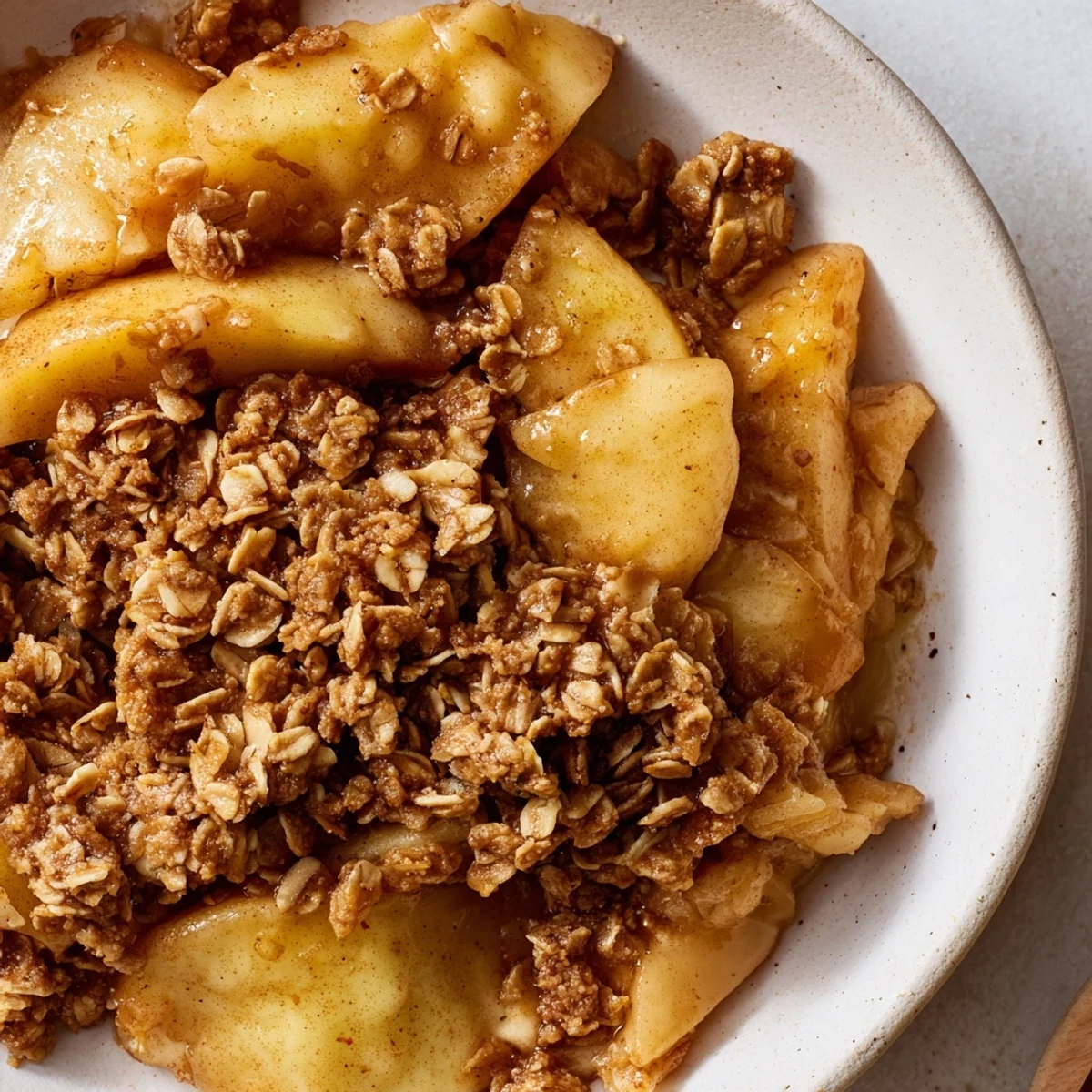 Warm apple crisp bubbling, baked with a golden oat topping, perfect for dessert.