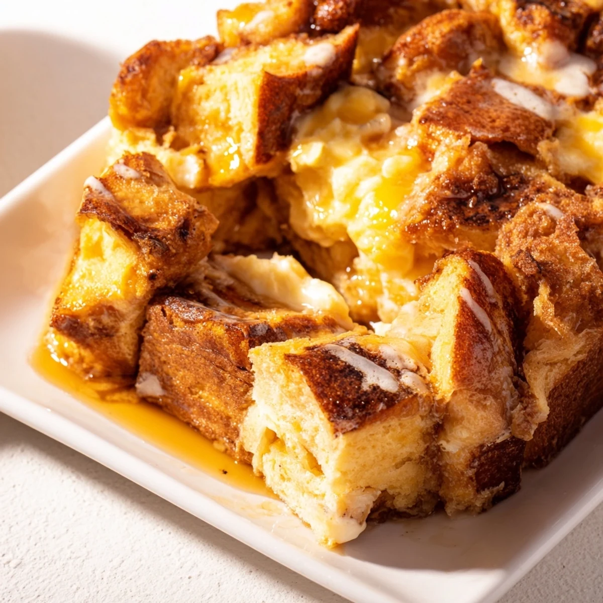 A comforting baked French Toast Bake with glistening, caramelized topping, perfect for serving with fresh berries.