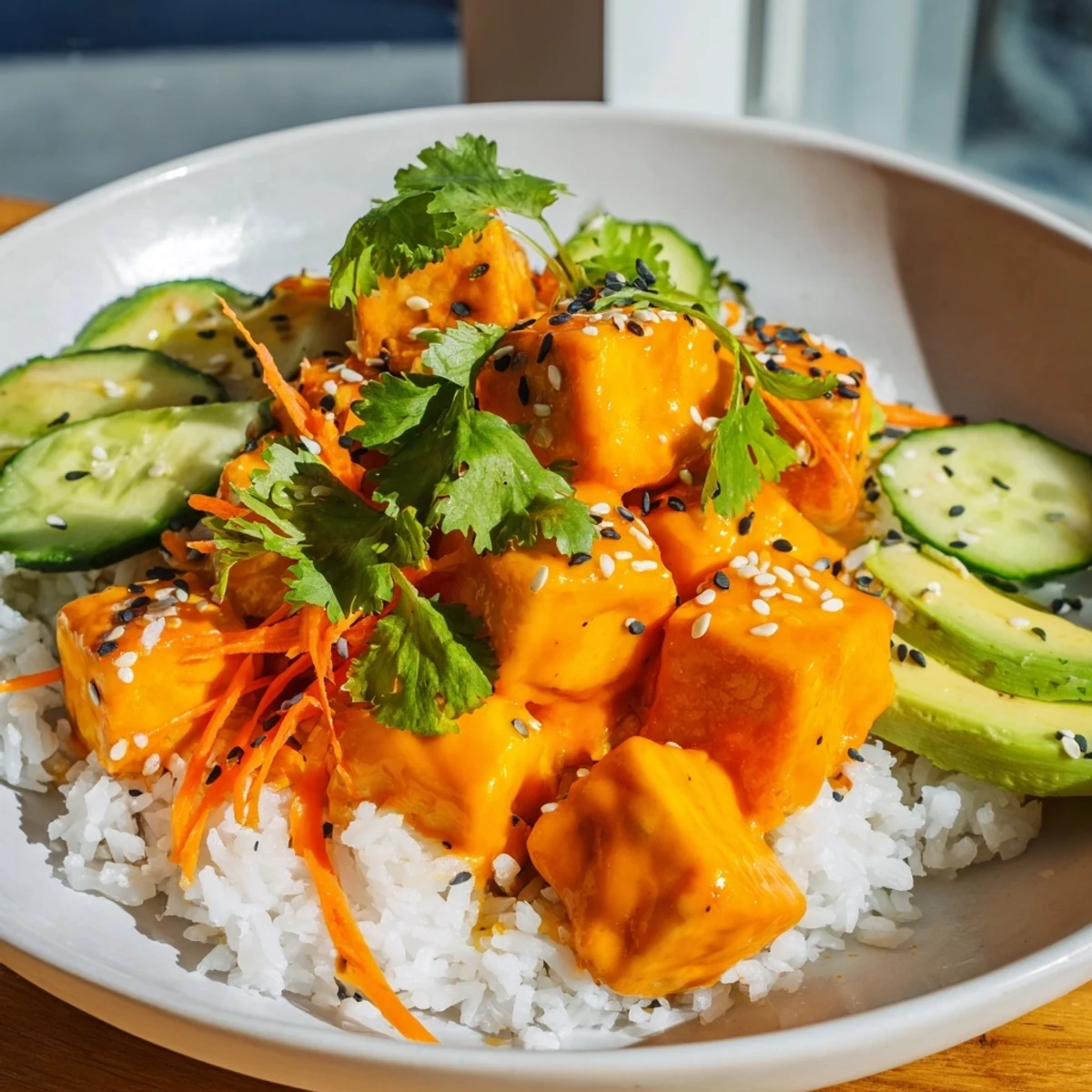 These Chili-Mayo Baked Tofu Bowls present savory, saucy tofu with colorful fresh veggie toppings.