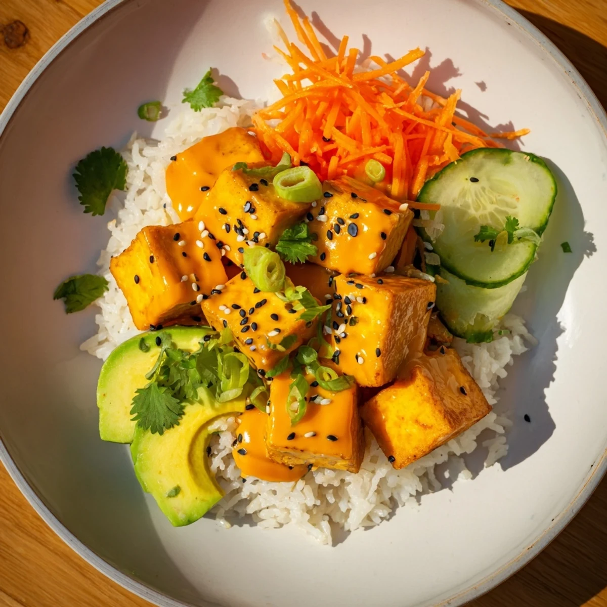 Golden, crispy Chili-Mayo Baked Tofu Bowls arranged beautifully, perfect for a vibrant vegetarian dinner.